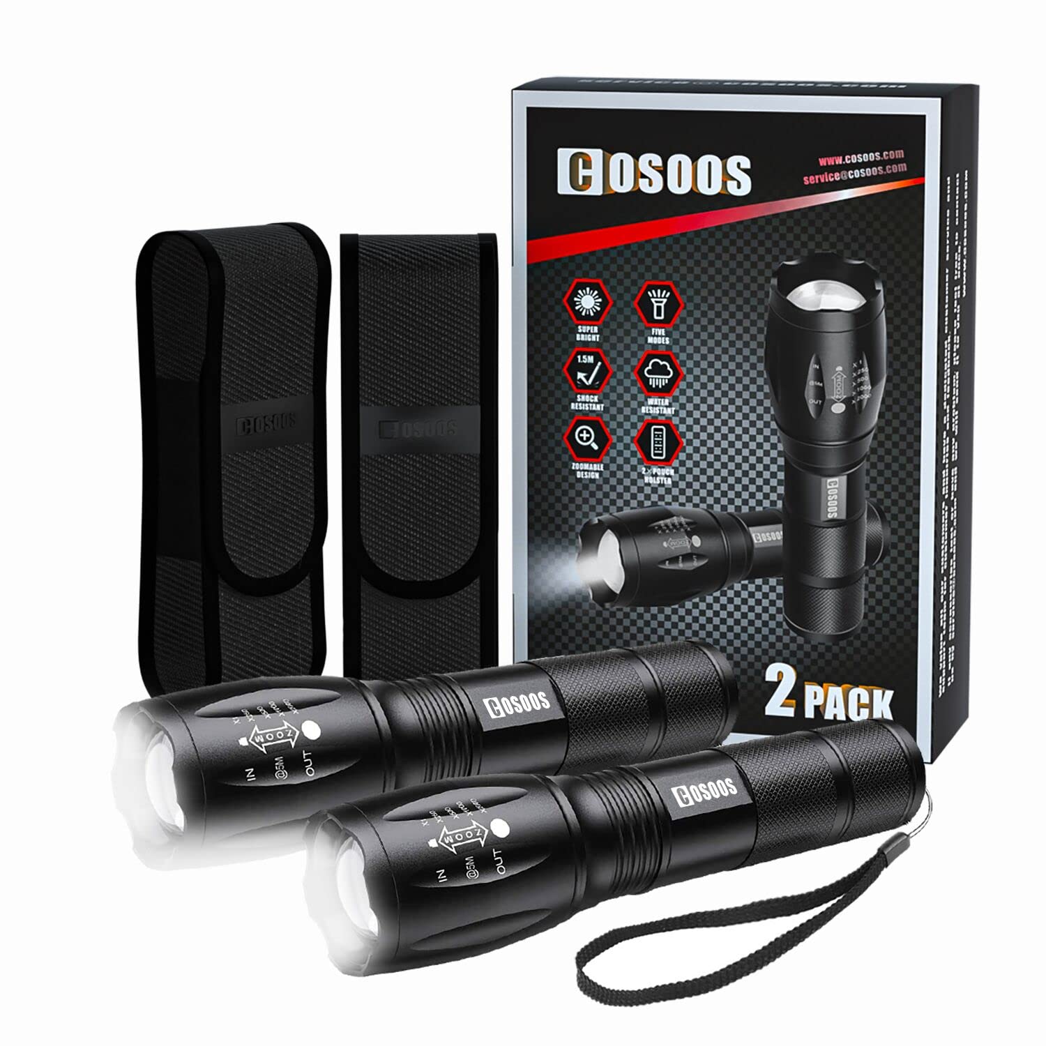 COSOOS 2 Pack Tactical Flashlights, 1000 Lumen LED, Zoomable, Waterproof, Aluminum, Includes Holsters