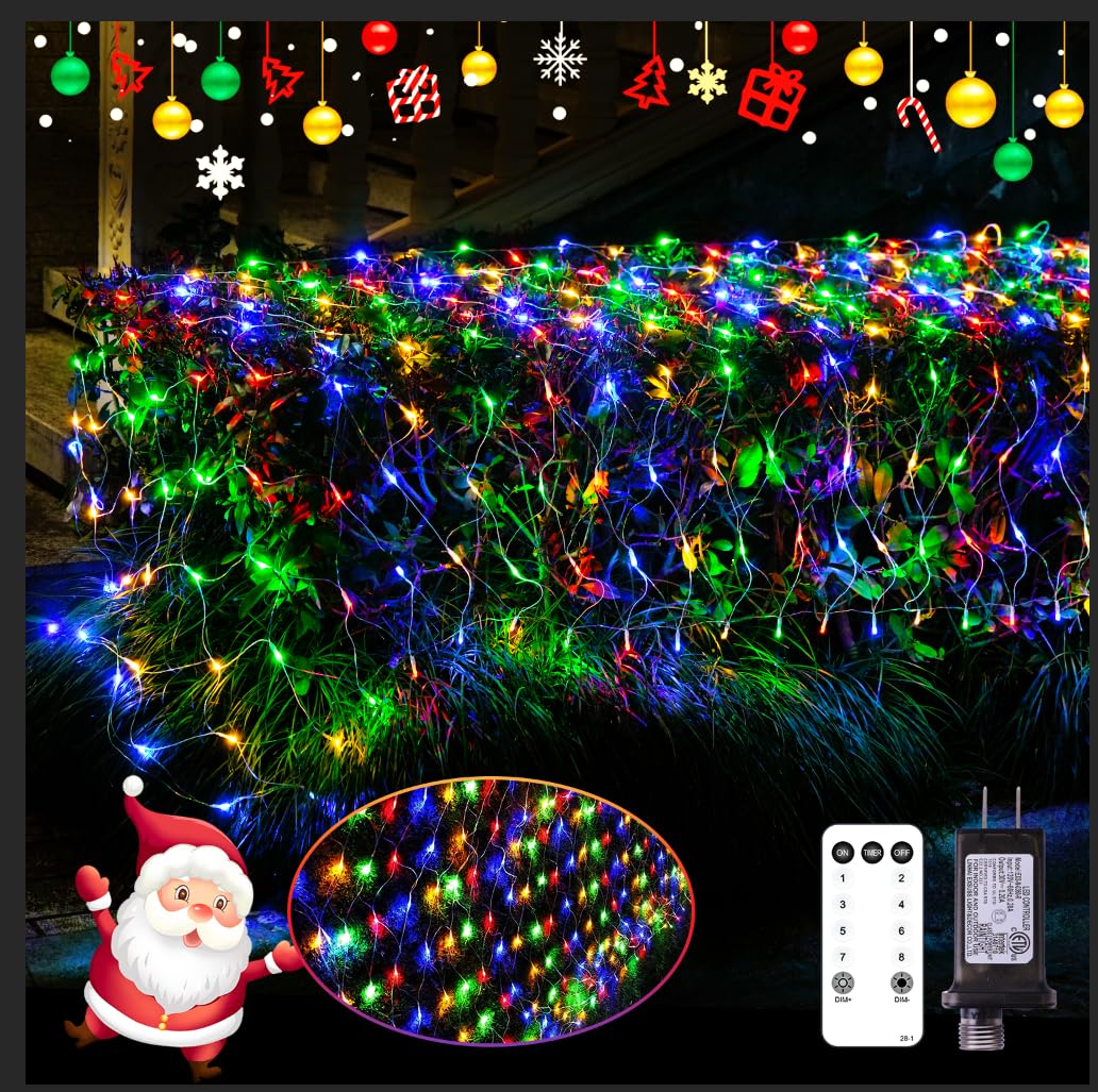 JMEXSUSS 360 LED Christmas Net Lights, 12ft x 5ft, Multicolor, Outdoor Plug-in, Connectable for Bushes and Tree Decoration