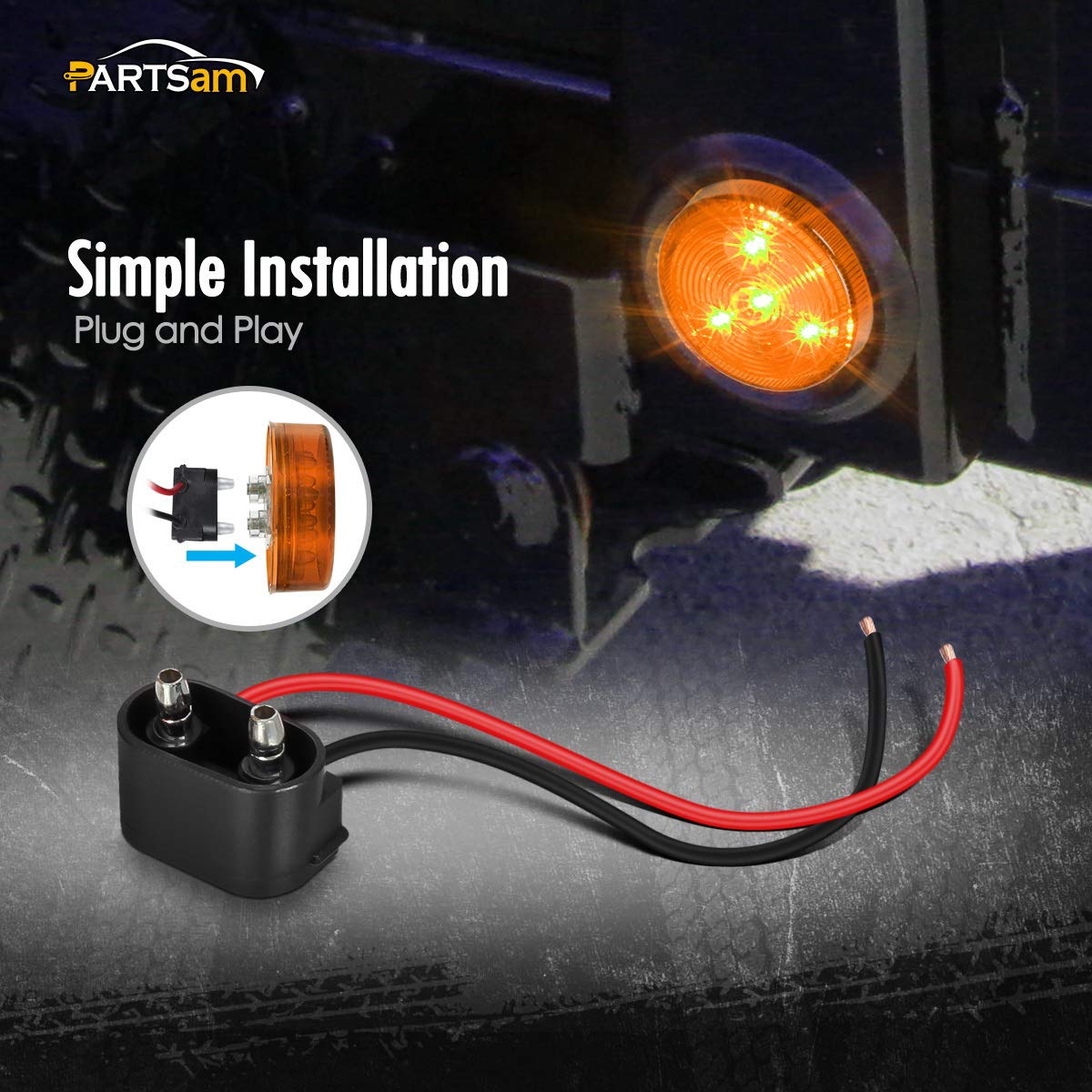 Partsam 2Pcs [Dot Approved] 2'' Round Amber 4 Led Clearance Marker Light For Utility Trailer Truck,W/Plug & Grommet