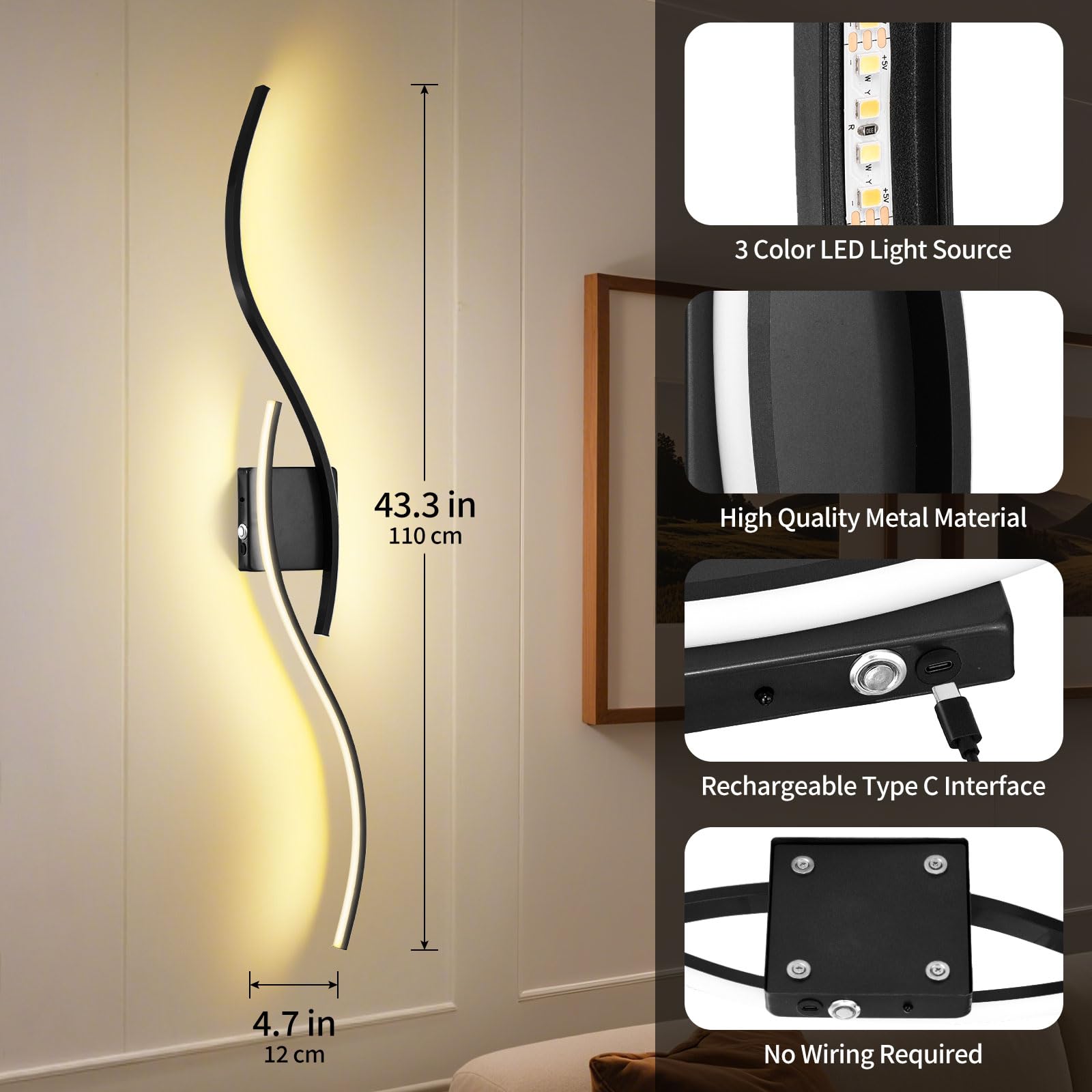 LUMLLSAJI Battery Operated Wall Sconces Set of 2, Dimmable 3000K-6000K, Metal, Black, Remote Control, Model 1