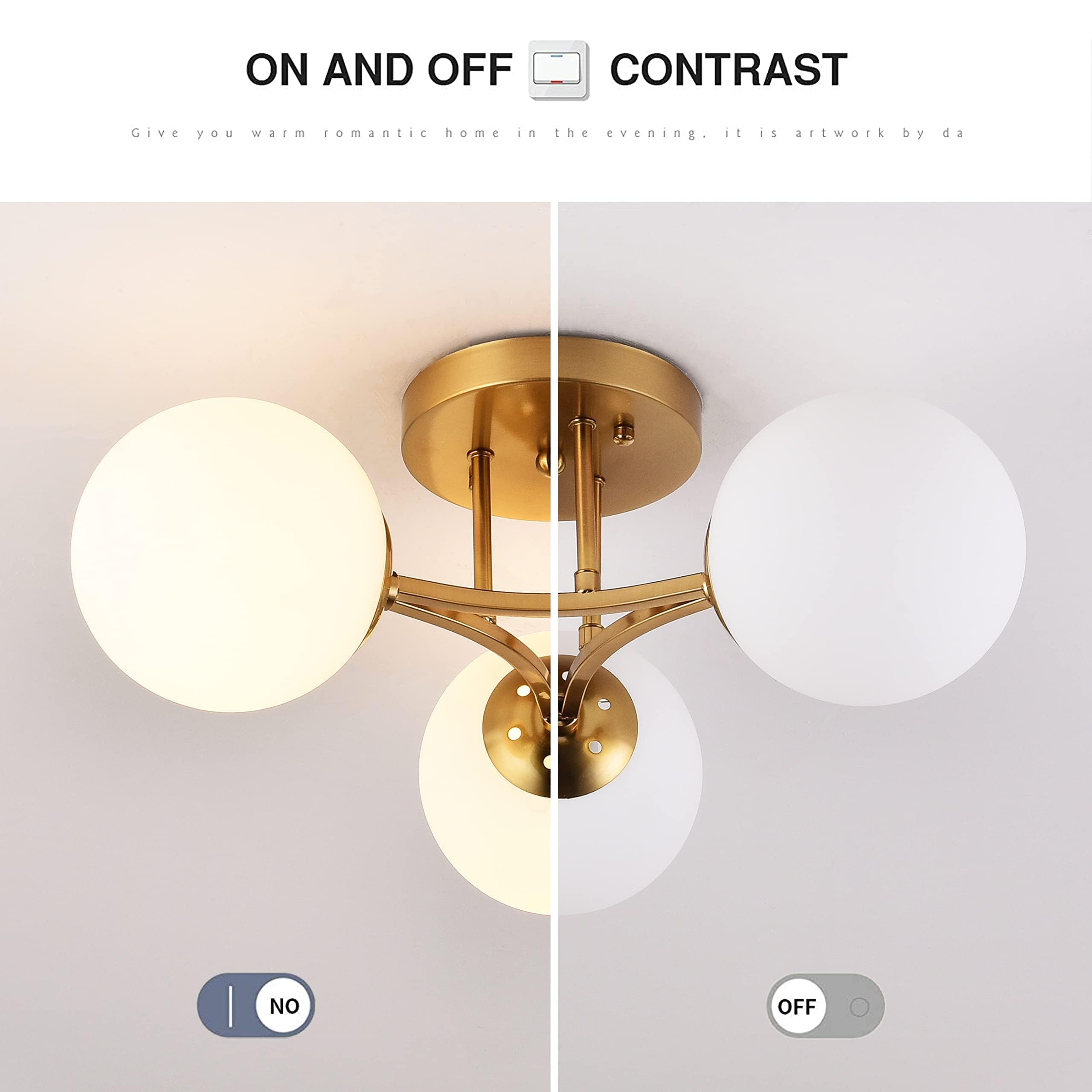 Bagood Mid Century 3-Light Ceiling Light Fixture, Gold Brass with Milk Glass Shade, 18 inches, Model DY1948-3Lights