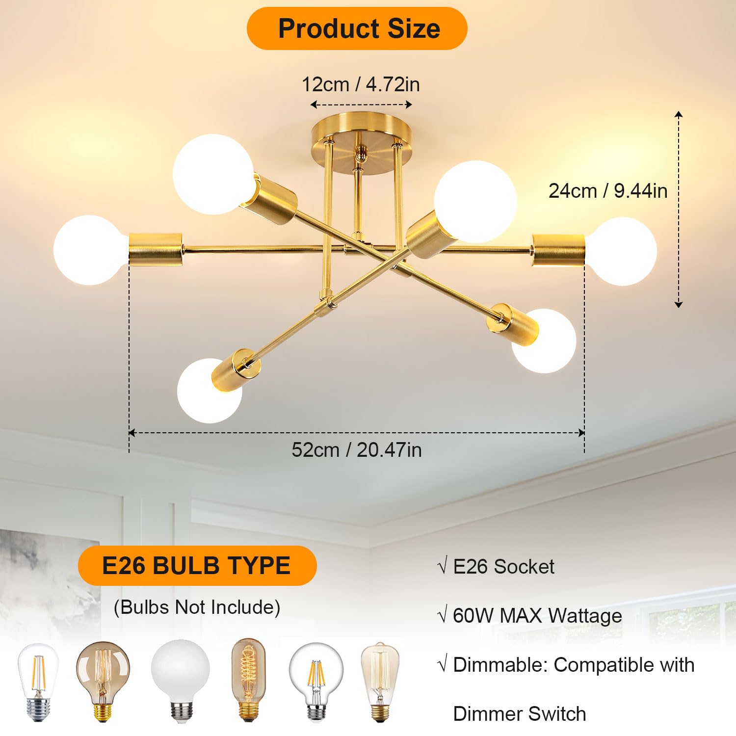 Delipop Modern Sputnik Chandelier, 6-Light Gold Industrial Metal Semi Flush Mount Ceiling Light, E26 Base Sputnik Ceiling Light