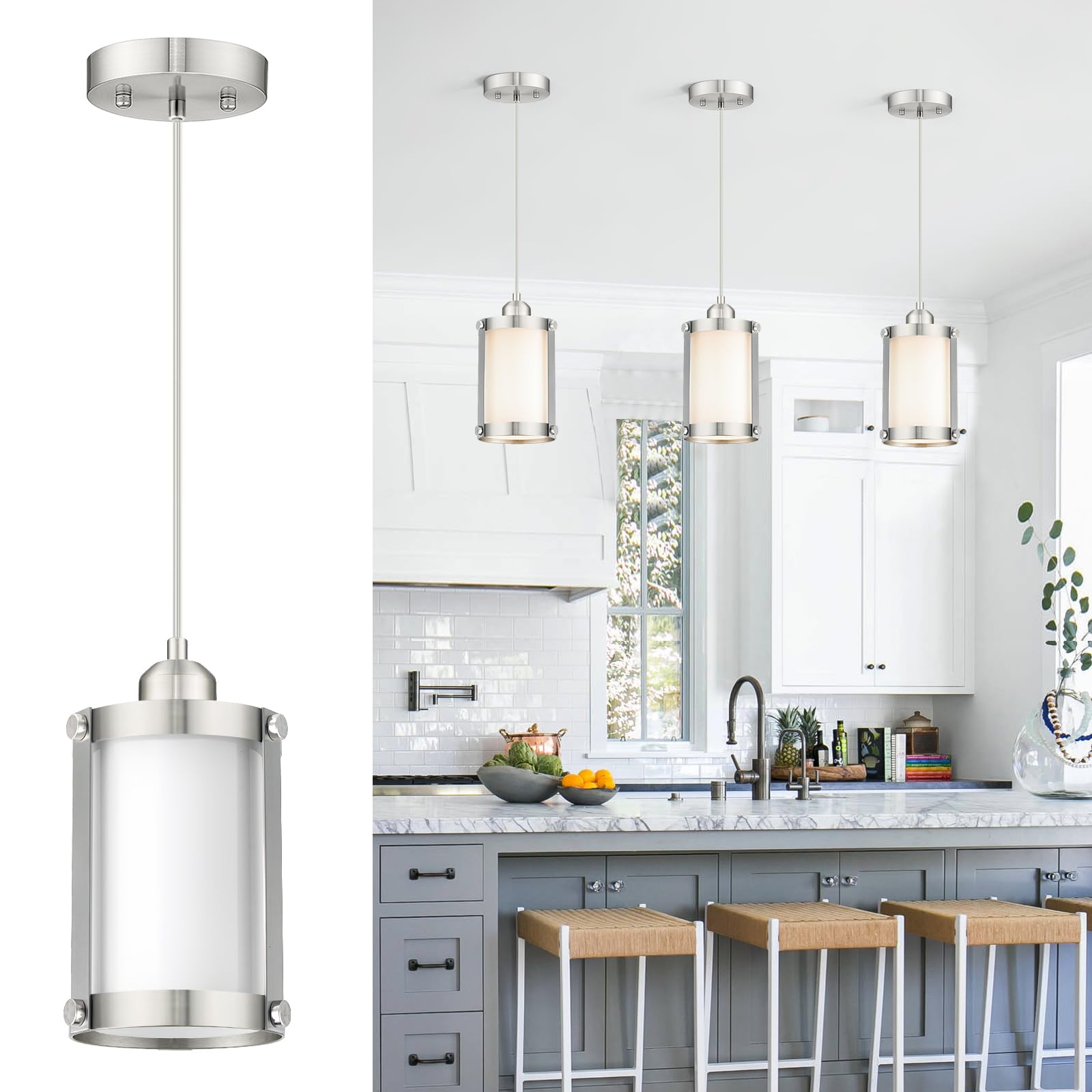 Osimir Brushed Nickel Pendant Lights Kitchen Island, 1-Light Modern Mini Hanging Light Fixtures With Milk Glass, Farmhouse Kitch