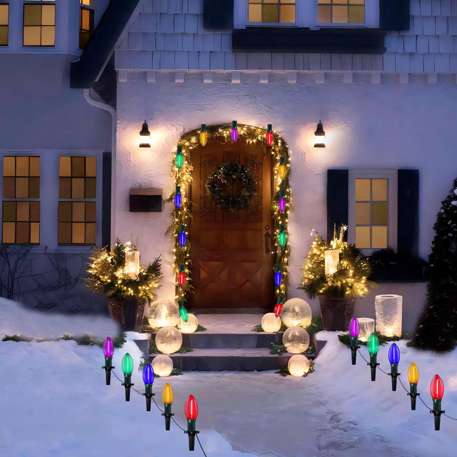38Ft C9 Led Christmas Pathway Lights Outdoor, 25 C9 Led Multicolor Bulbs String Lights Waterproof With Stakes, Connectable Chris