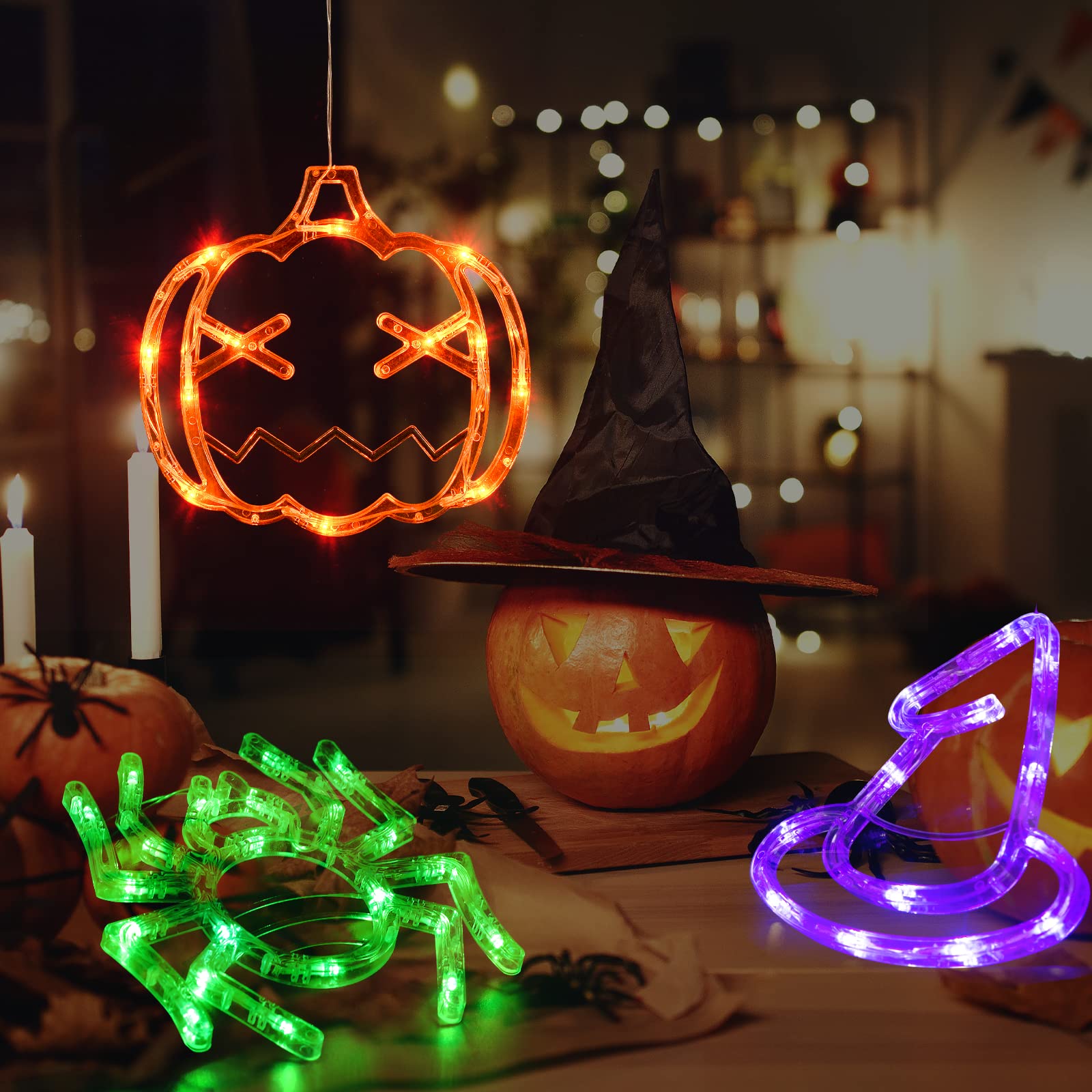 LOLStar Halloween Lights - 3 Pack Orange Pumpkin, Green Spider, Purple Witch Hat - Battery Operated with Suction Cup - Slow Fade Mode