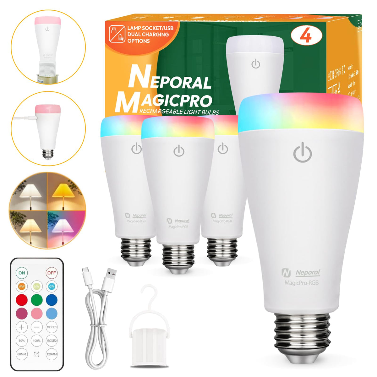 Neporal Magixpro Rechargeable Light Bulbs With Remote, Socket/Usb Rechargeable, 2H Fast Charge & 4-50H Lights Up, 9-Color Shift 
