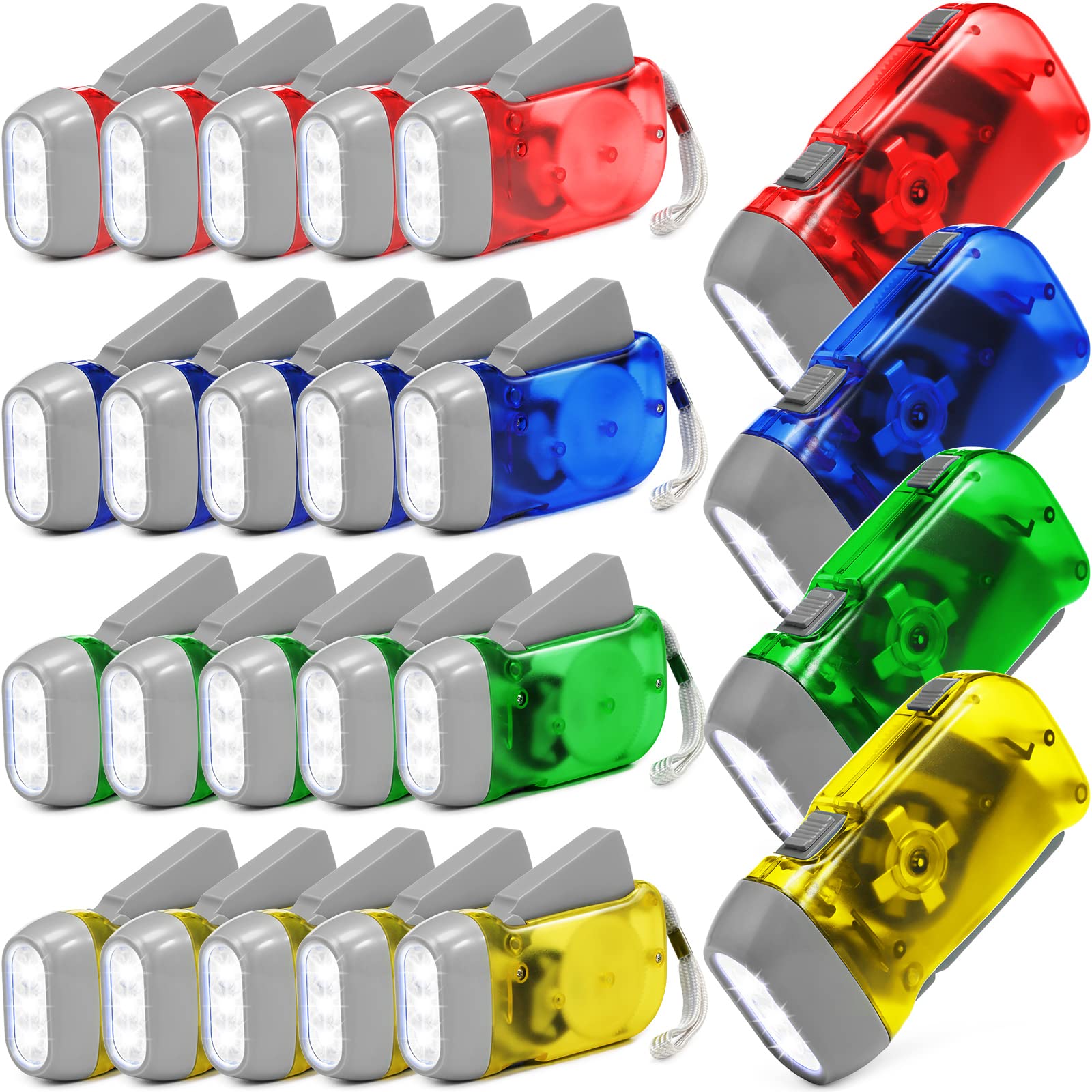 Mudder 24 Pieces Hand Crank Flashlight with LED Self Powered Charging Torch Dynamo for Camping Emergency(Yellow, Green, Blue, Re