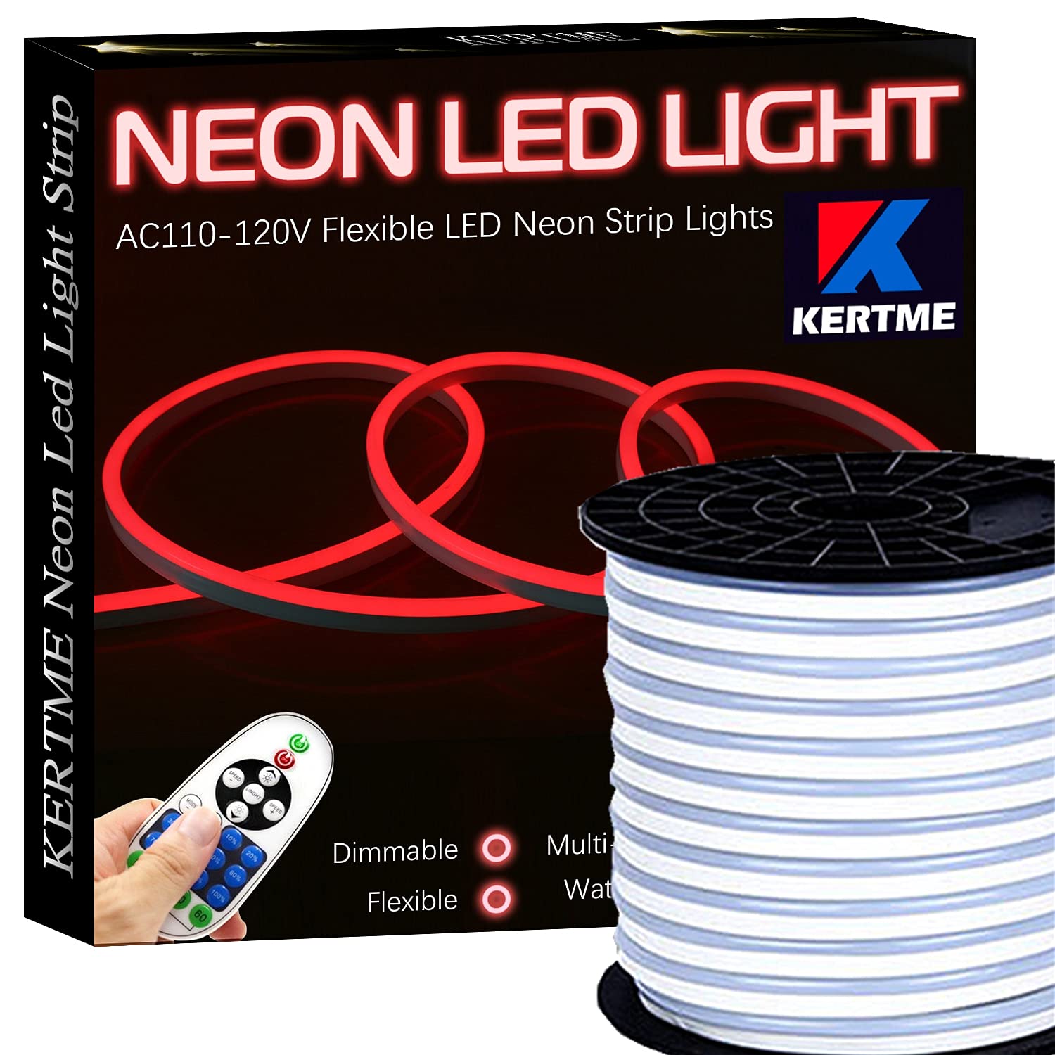 KERTME Neon LED Light Strip, Flexible, Waterproof, Dimmable, 32.8ft, Red, Model Neon LED-R-10M, 23 Keys Remote for Home/Garden Decor