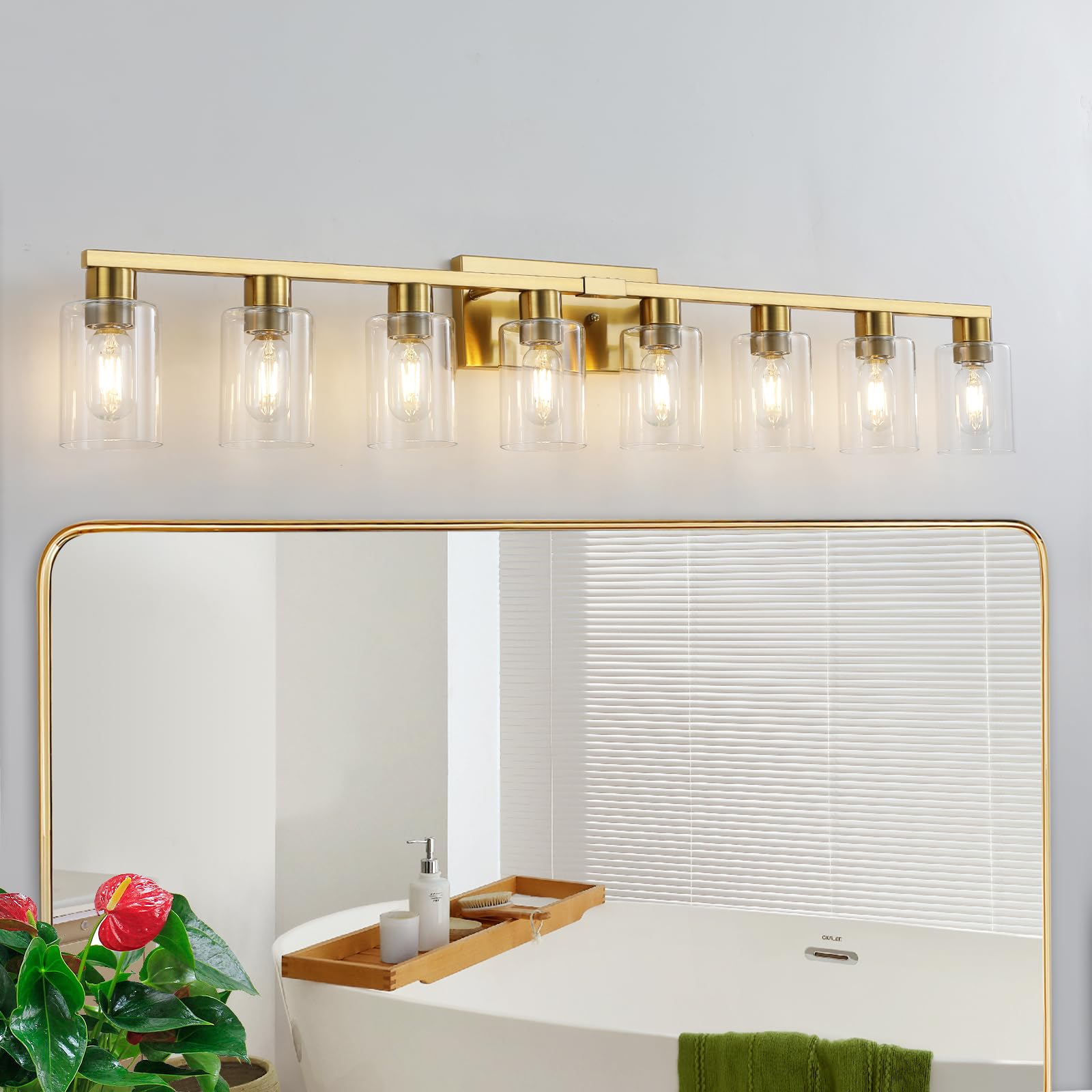 Hdasic 8 Light Gold Bathroom Light Fixtures  Modern Large Vanity Lights With Clear Glass Shade  Brushed Brass Bathroom Lighting Fixtures Over Mirror  Wall Scones Light For Bedroom  Living Room