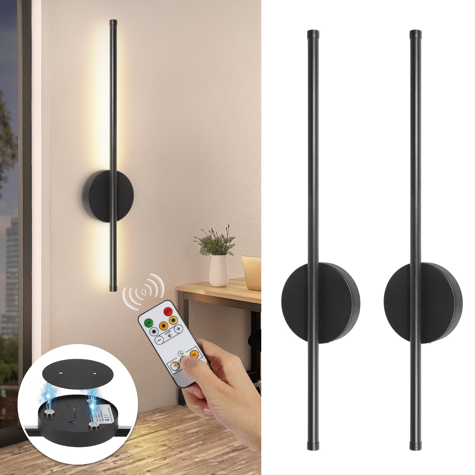 Taofiaco Battery Operated Wall Sconces Set Of Two, Wireless Rechargeable Wall Sconces Black With Remote Control Dimmable For Bed