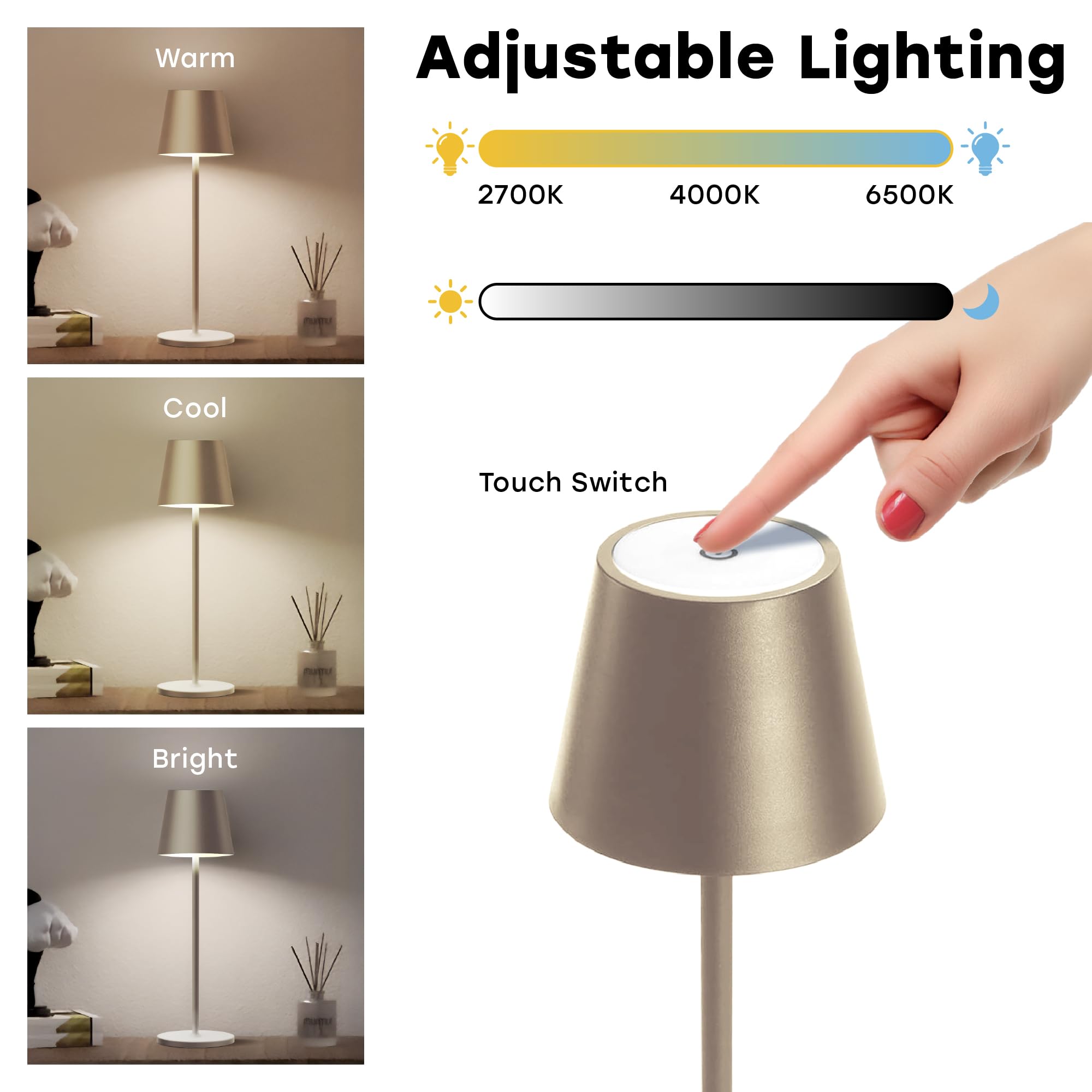 CASABOLA Cordless Table Lamp - 2 Pack, Portable LED, 5200mAh Battery, 3 Color Dimming, Brass, 4.5"D x 4.2"W