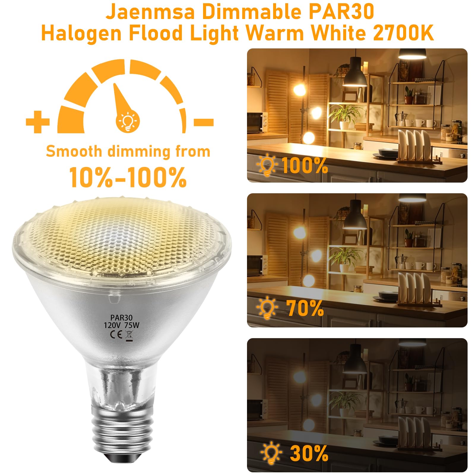 Jaenmsa Par30 Long Neck Halogen Flood Bulbs 75W 120V, Par30 Halogen Indoor Floodlight Bulbs Outdoor E26 Dimmable 2700K Bulb 2 Pa