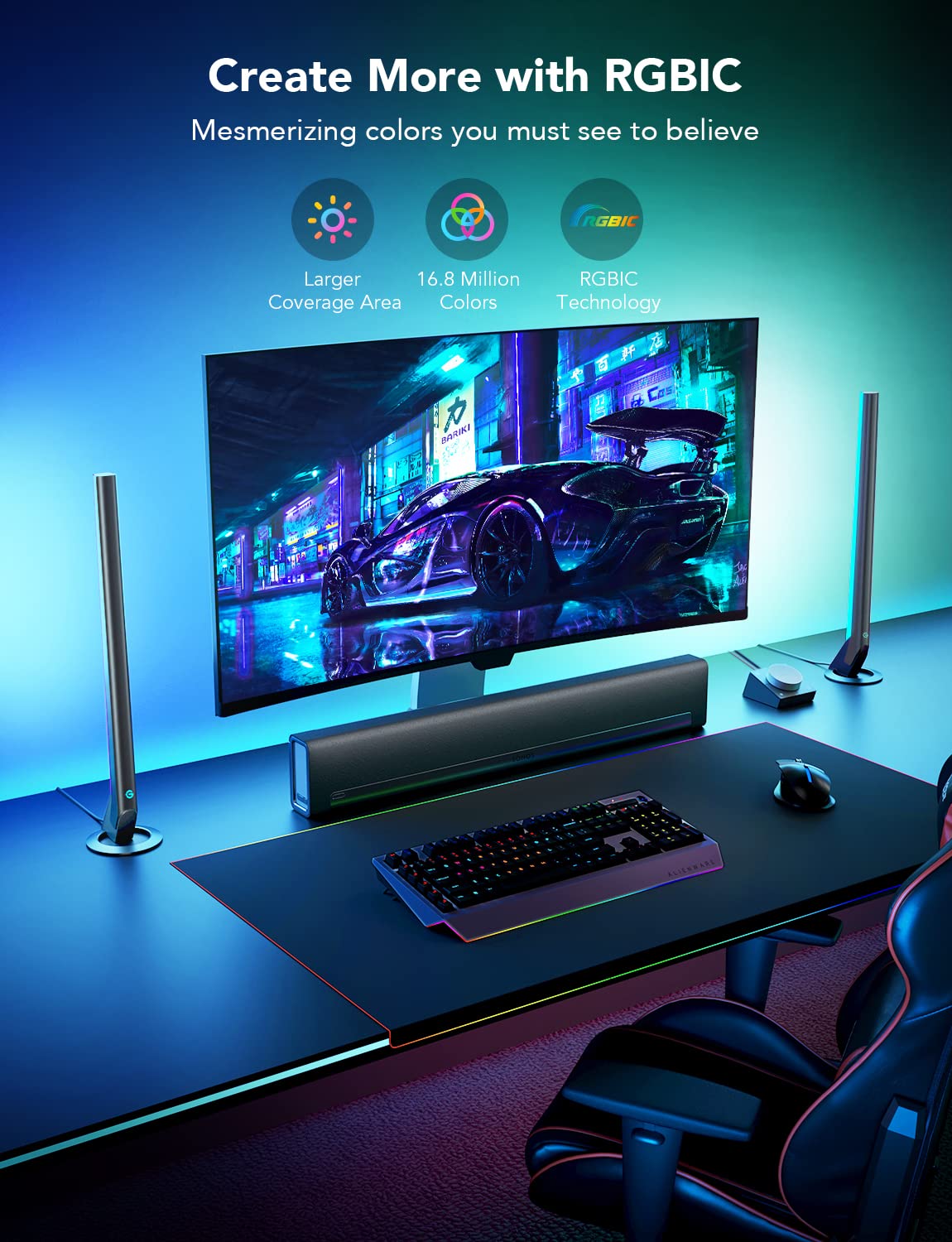 Govee H6047 RGBIC Gaming Light Bars, Wi-Fi LED with Music Modes, 16.7 in, Smart Controller, Works with Alexa & Google Assistant