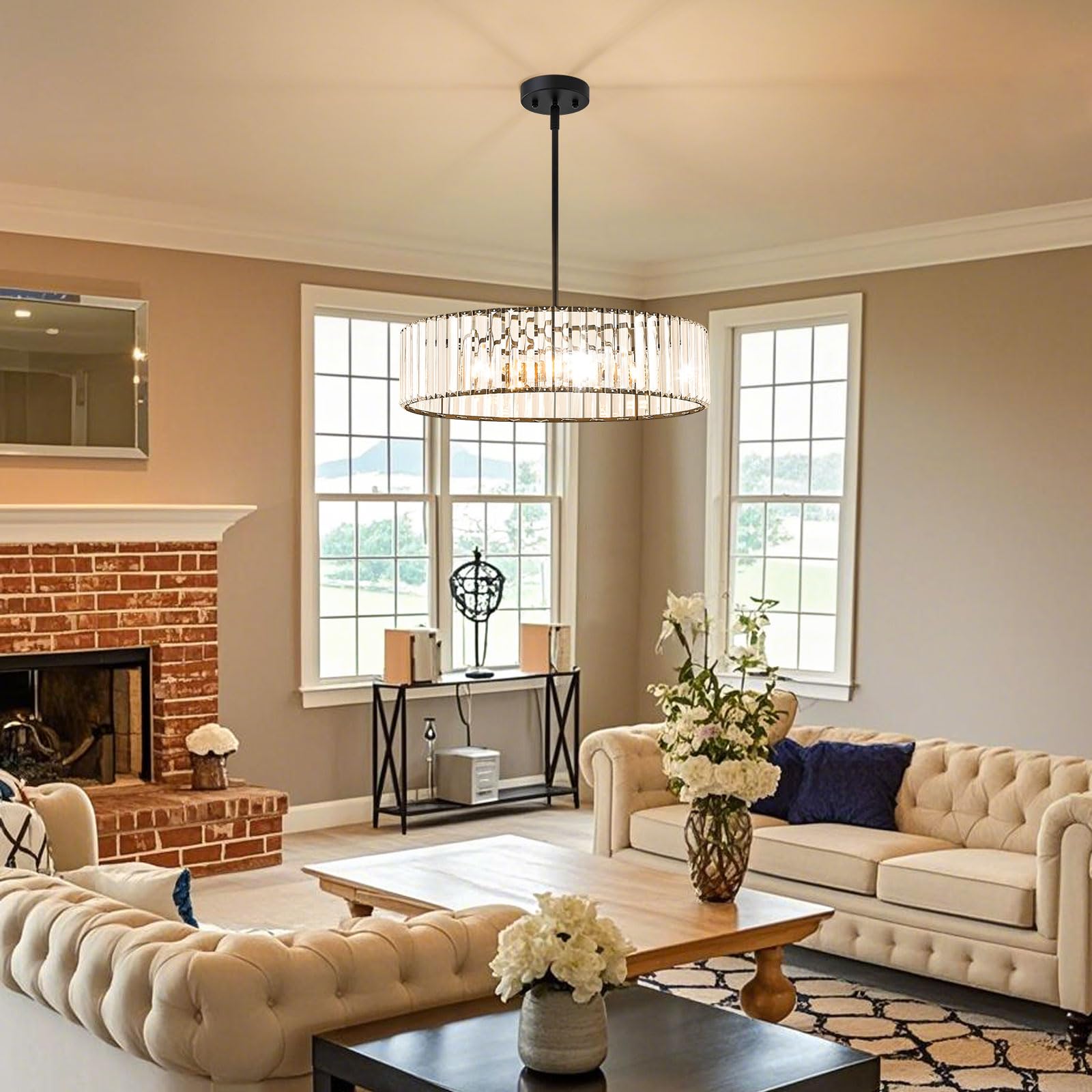 Violoemi Modern Blcak Semi Flush Mount Ceiling Light  Crystal Dining Room Chandelier Light Fixture  6-Light Drum Lighting Fixtures For Foyer Kitchen Living Room Bedroom (19.6 Inch)