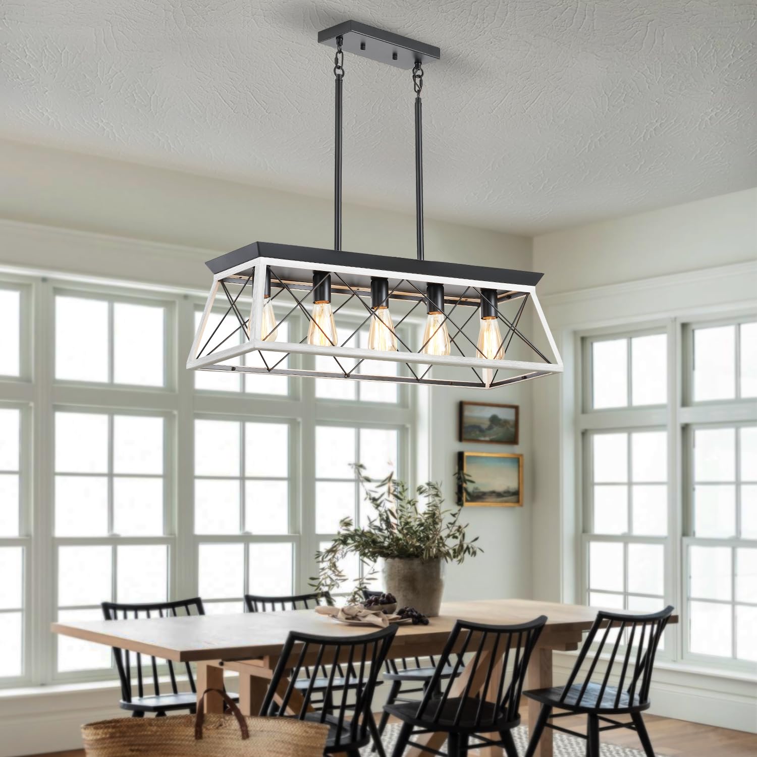 Huixute 5-Light Farmhouse Chandeliers For Dining Room, Rustic Kitchen Island Lighting, Adjustable Height Pendant Light For Kitch