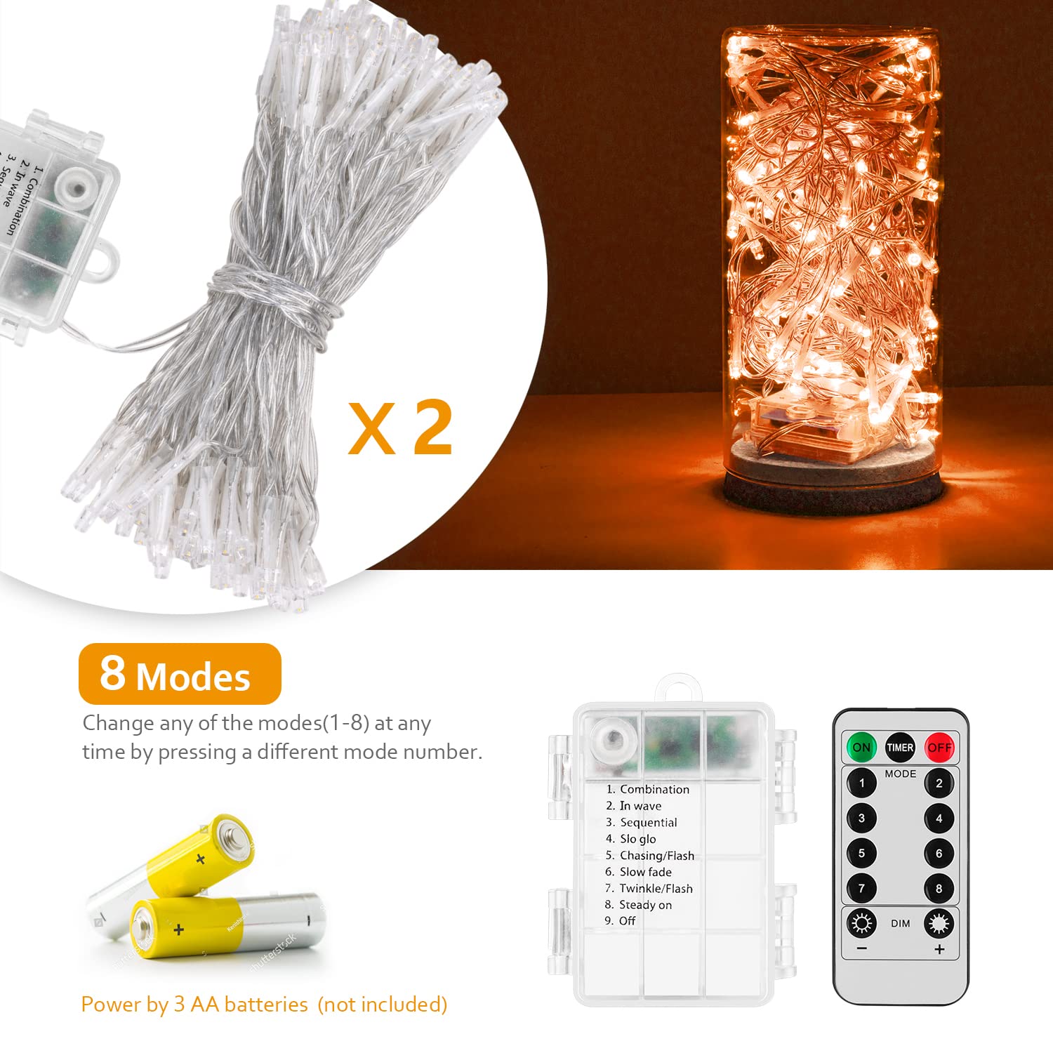 Koxly String Lights, Battery Operated, Waterproof, 8 Modes, 2 Pack, Orange, 36 ft for Indoor Outdoor Decorations