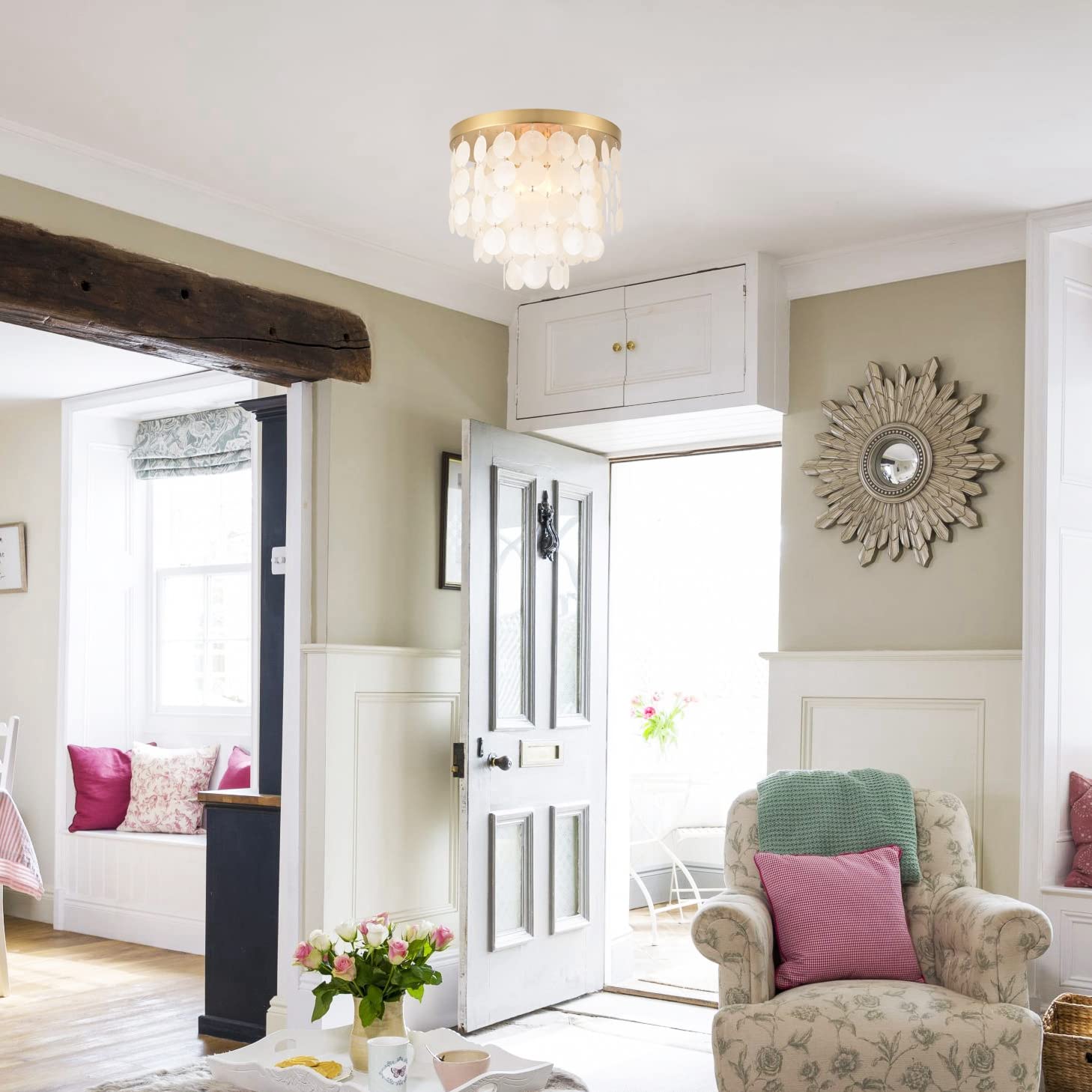 ALICE HOUSE 3-Light Flush Mount Ceiling Light, Brushed Brass Finish, Capiz Shell Design, Model AL2608-S3