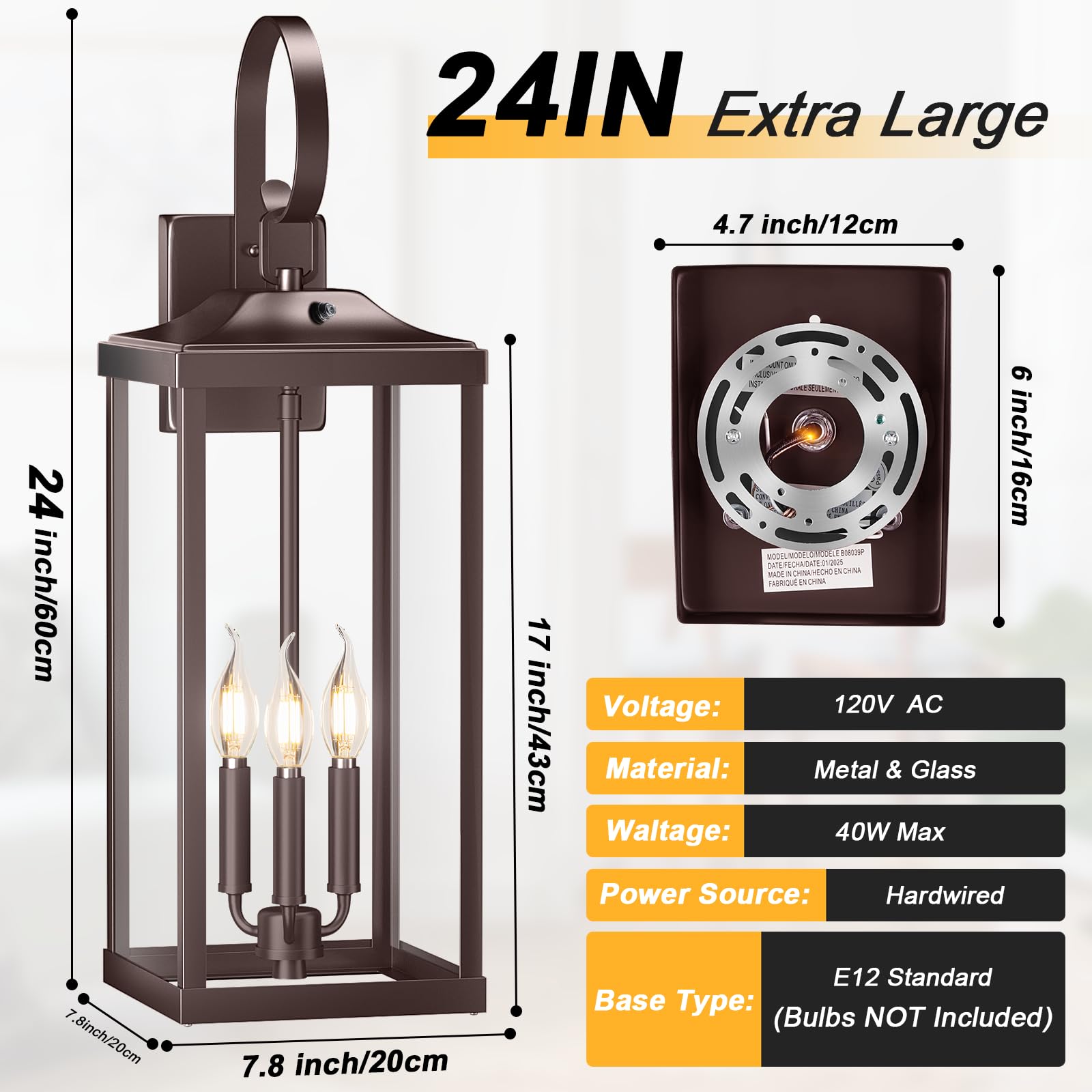Yolsunes 2-Pack 24" Extra Large Outdoor Porch Lantern, Waterproof Oil Rubbed Bronze Wall Sconce, Metal Dusk to Dawn Light Fixture