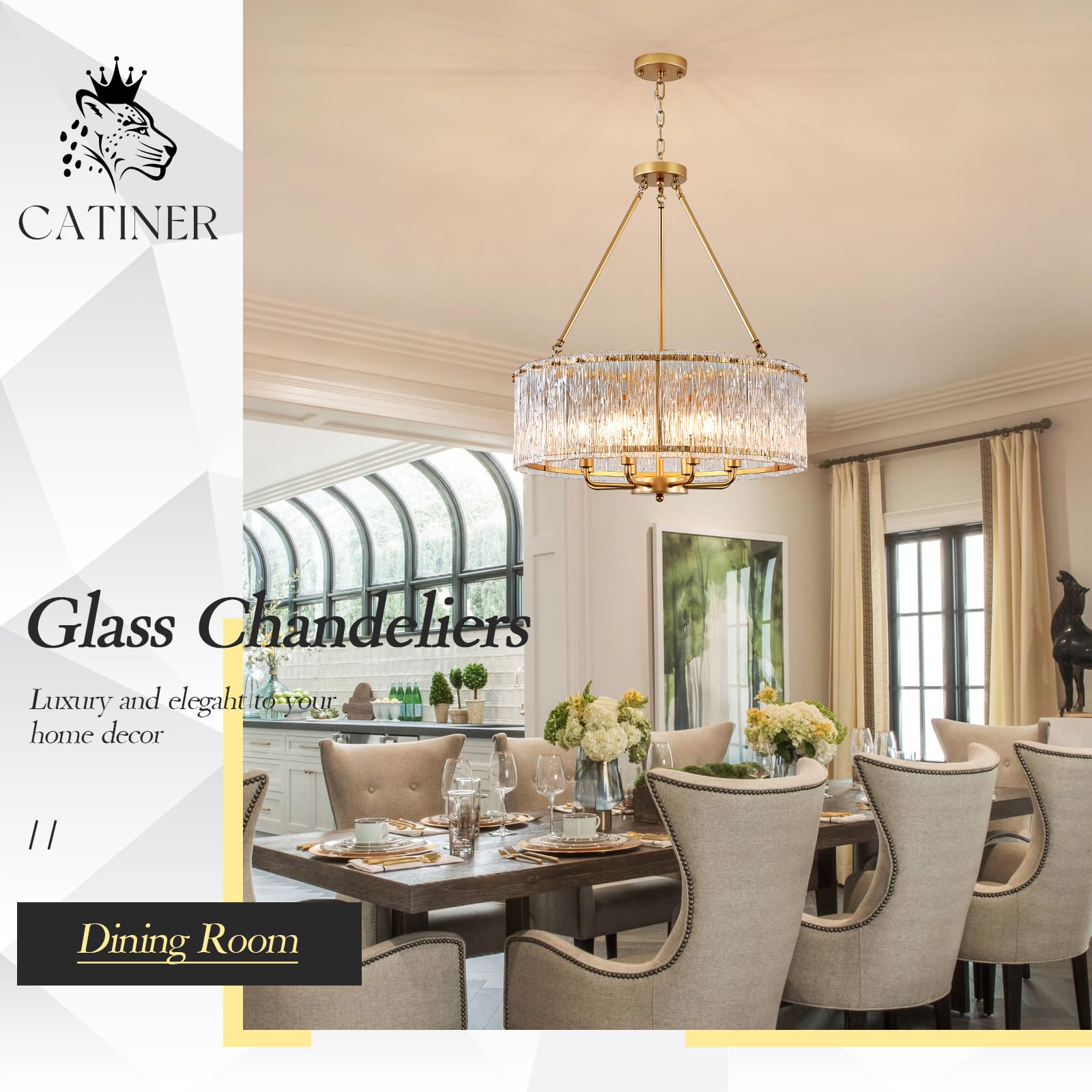 Catiner Gold Drum Chandelier 24.4'' Modern Crystal Glass Chandeliers Luxury 8-Light Pendant Ceiling Chandelier Lighting For Dini