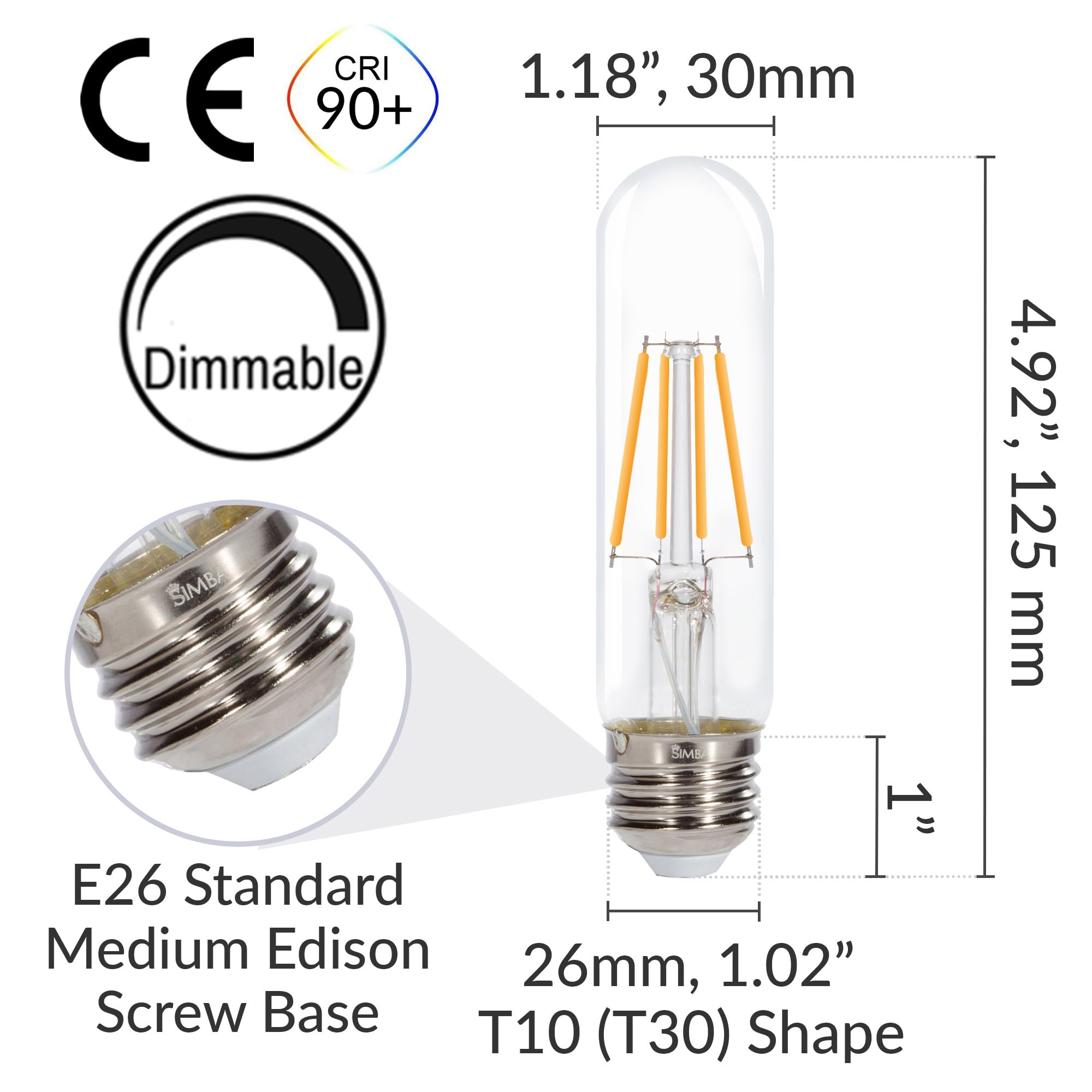 Simba Lighting Led T10 Tubular Edison Filament Light Bulbs (3 Pack) 6W Dimmable 60W Equivalent 120V For Cabinet Display, Piano L