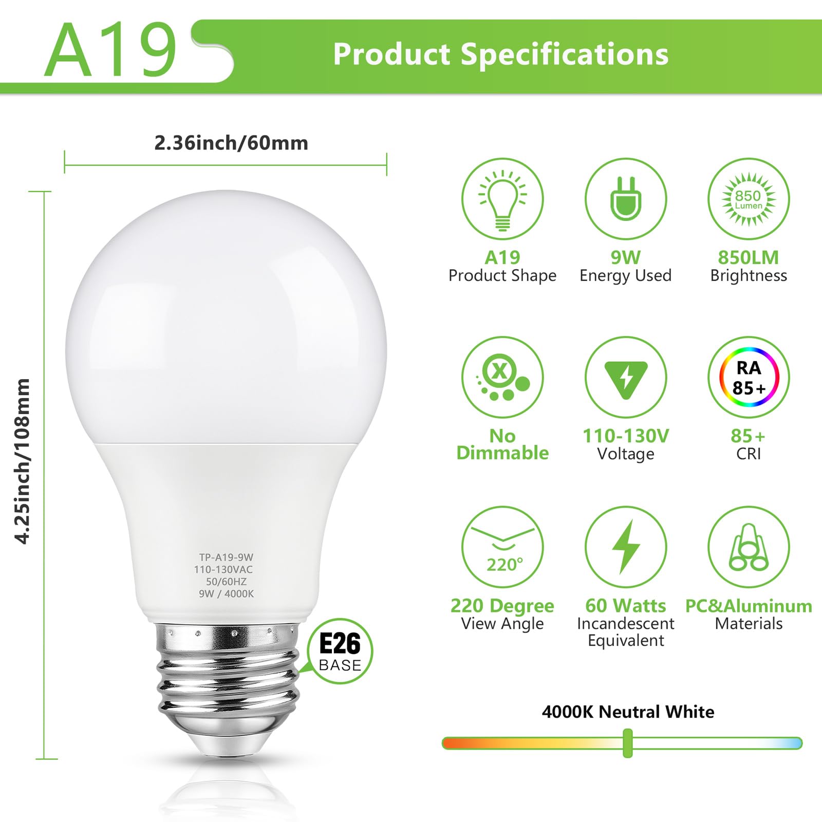 Maylaywood A19 Led Light Bulbs, 60 Watt Equivalent Led Bulb, Neutral White 4000K, 850Lm, E26 Base, Non-Dimmable, 9W Bright White Bulbs, 12-Pack