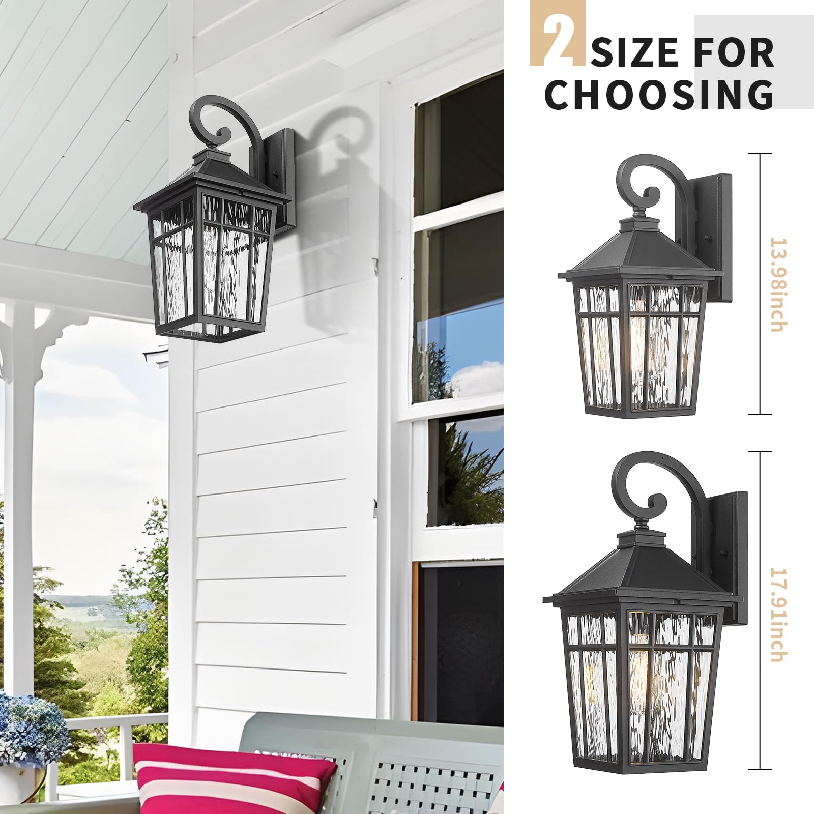 Darkaway 2pcs Large Outdoor Wall Lights, Black Aluminum, Water Ripple Glass, 18inch Exterior Sconces for Porch, Garage, Hallway