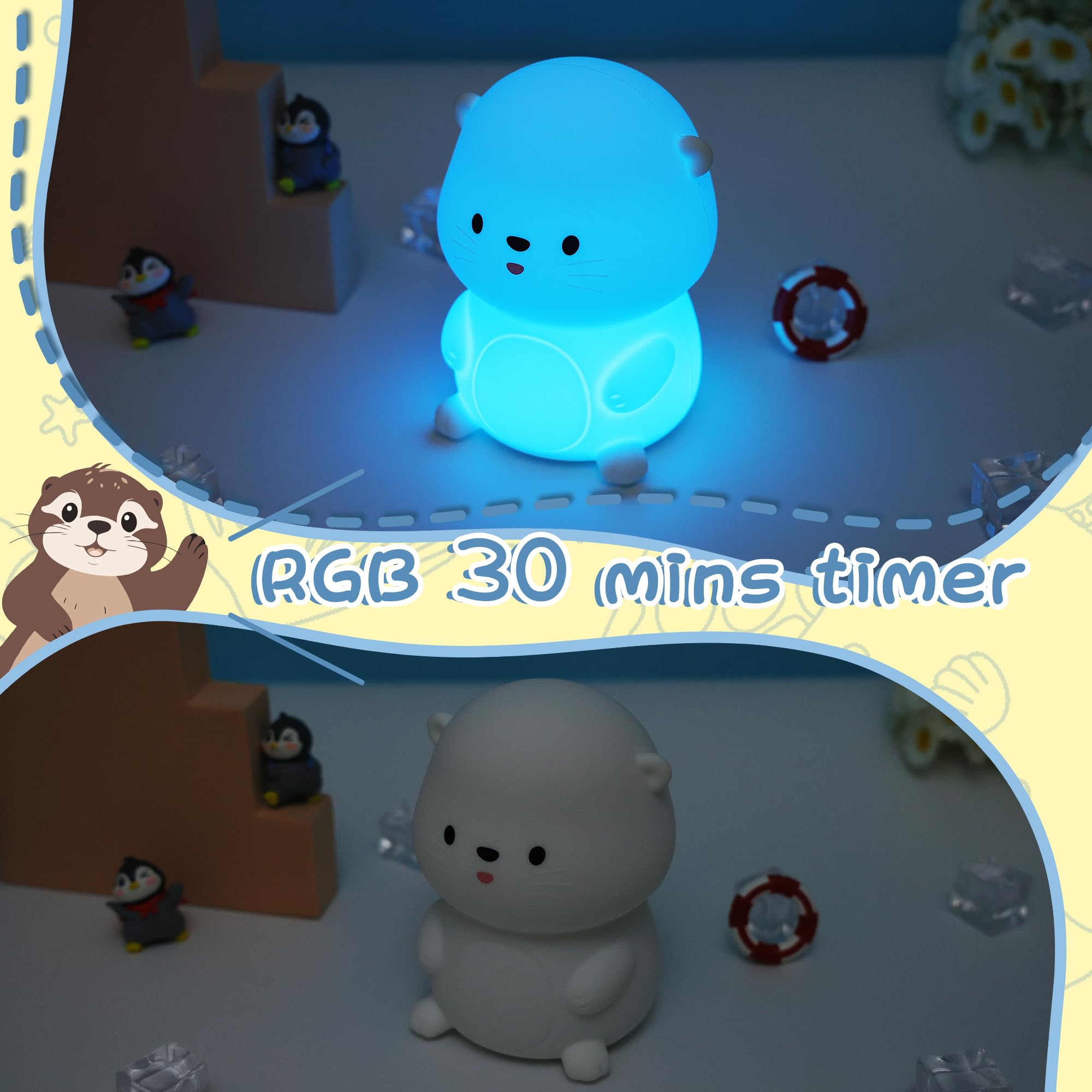 YuanDian Sea Otter Night Light, Gift for Babies and Teens, Decorate Kids Bedroom with Cute Silicone Otter Nightlights with 8 Co