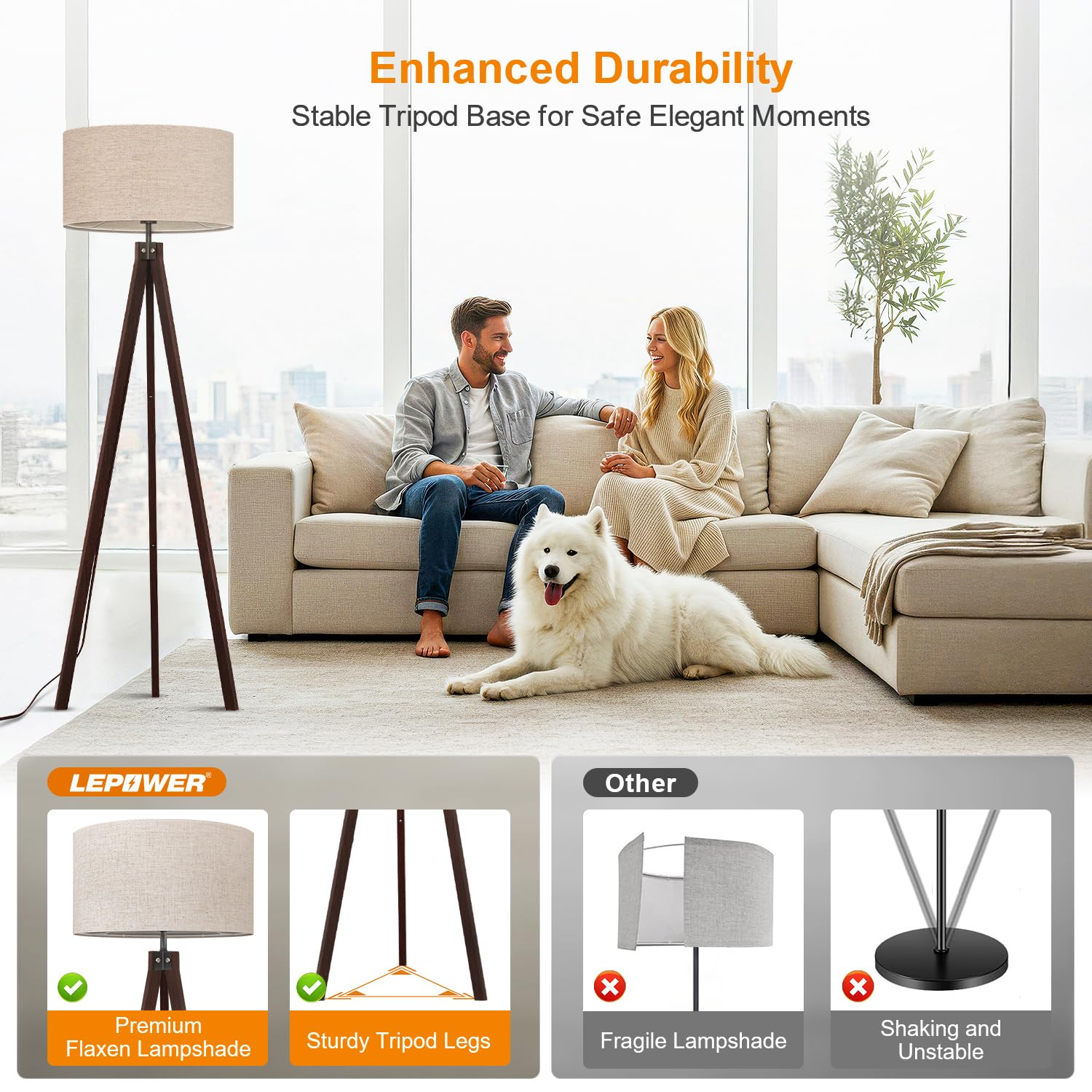LEPOWER Wood Tripod Floor Lamp, Modern Design, Walnut Color, Model UF1101, Ideal for Living Room, Bedroom, Study, Office