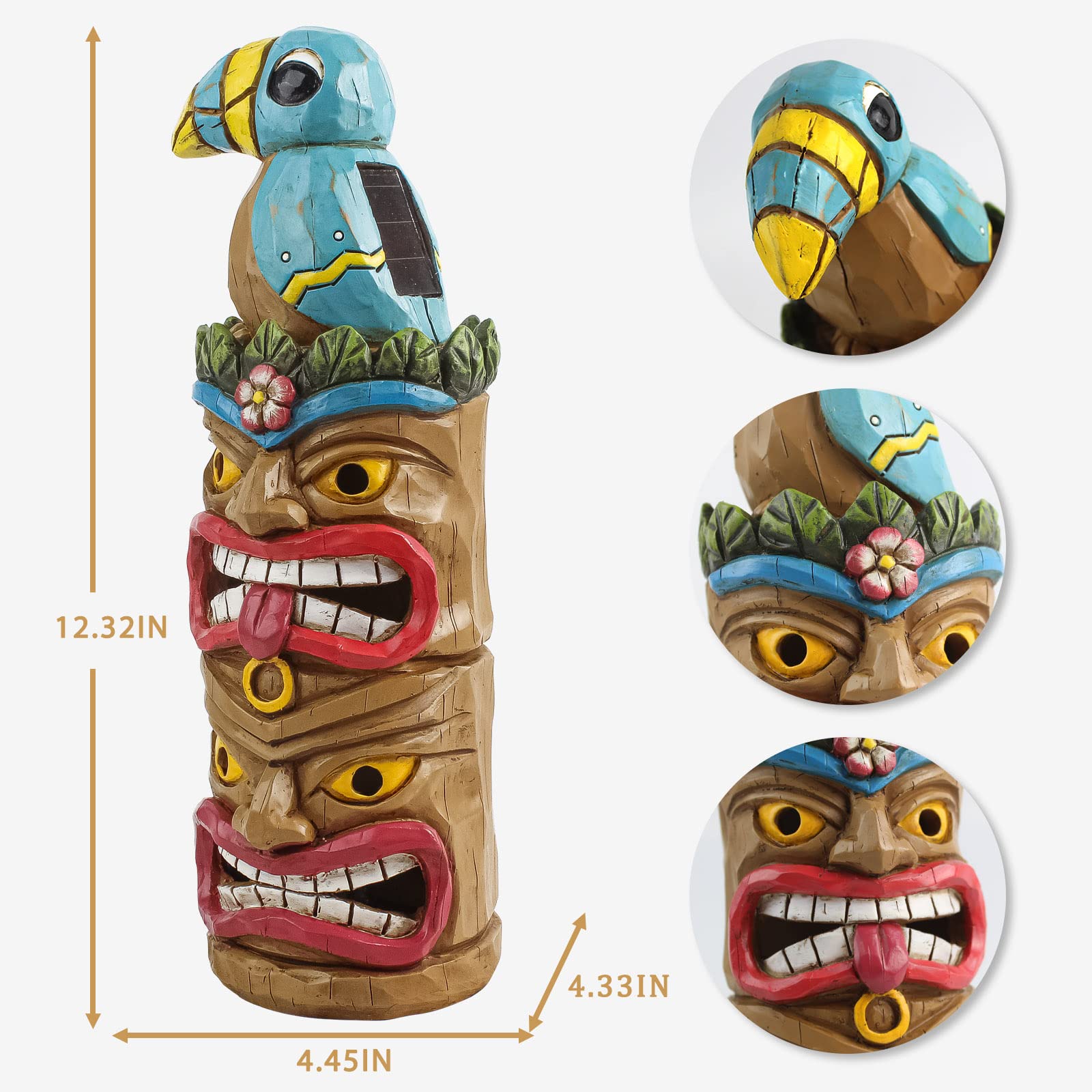Eptuega Tiki Totem Pole - 12.32 Solar Resin Decor For Tiki Bar, Woodpecker Bird Color, Model Tiki Statue-001