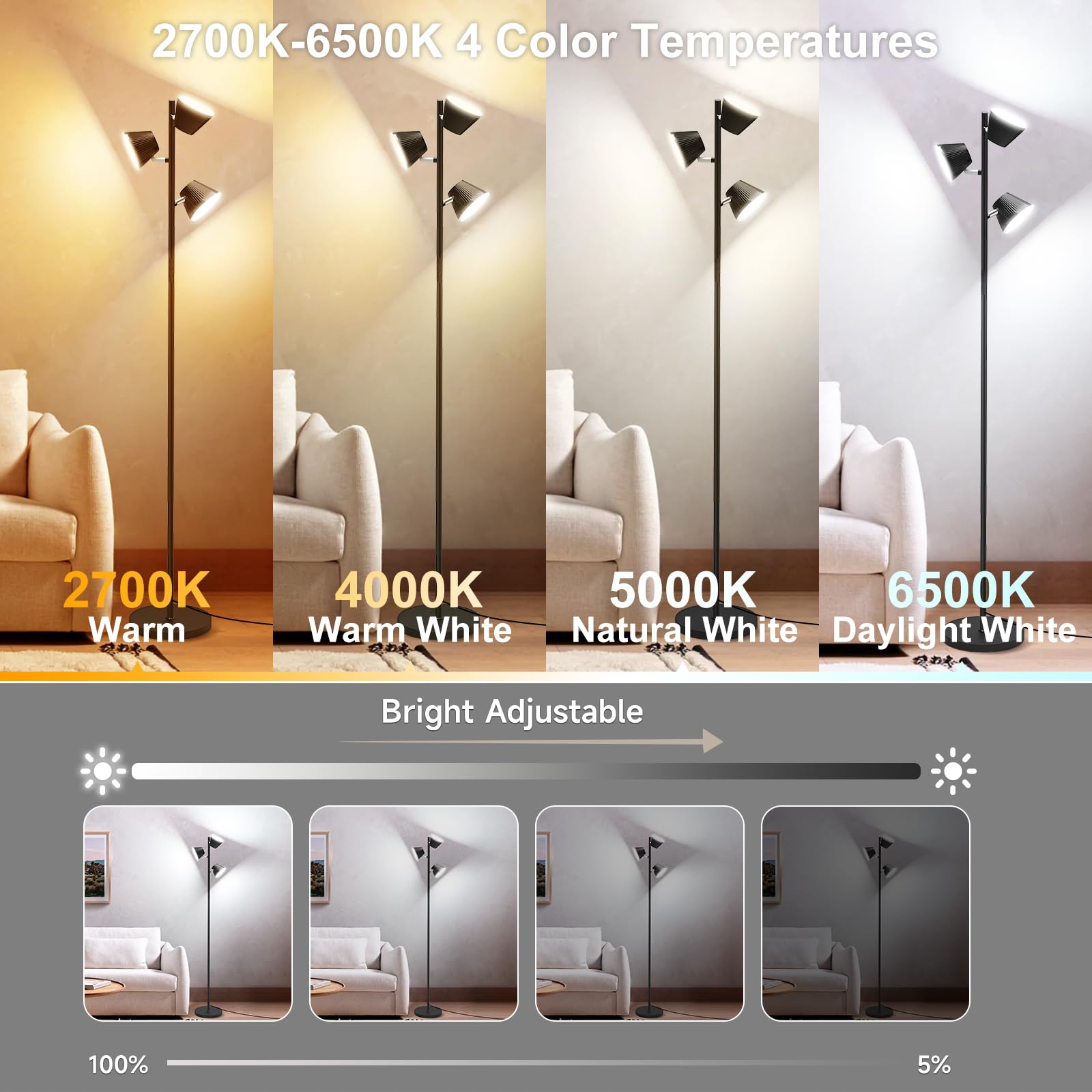 Pesken [2025 New] 42W Led Tree Floor Lamp, Modern Dimmable Standing Lamp With Remote Touch Control, 4 Color Temperatures, 3 Rota
