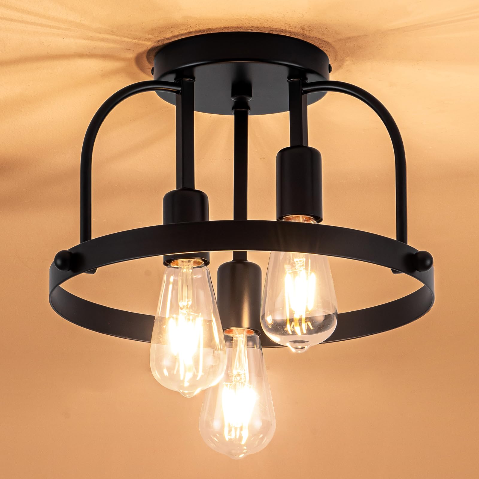 Fengkedu 3 Light Industrial Ceiling Light Black Semi Flush Mount Lights Close To Ceiling Light Fixtures Cage Design Farmhouse Ceiling Lighting For Kitchen Bedroom Bathroom Foyer Hallway (E26  1Pack)
