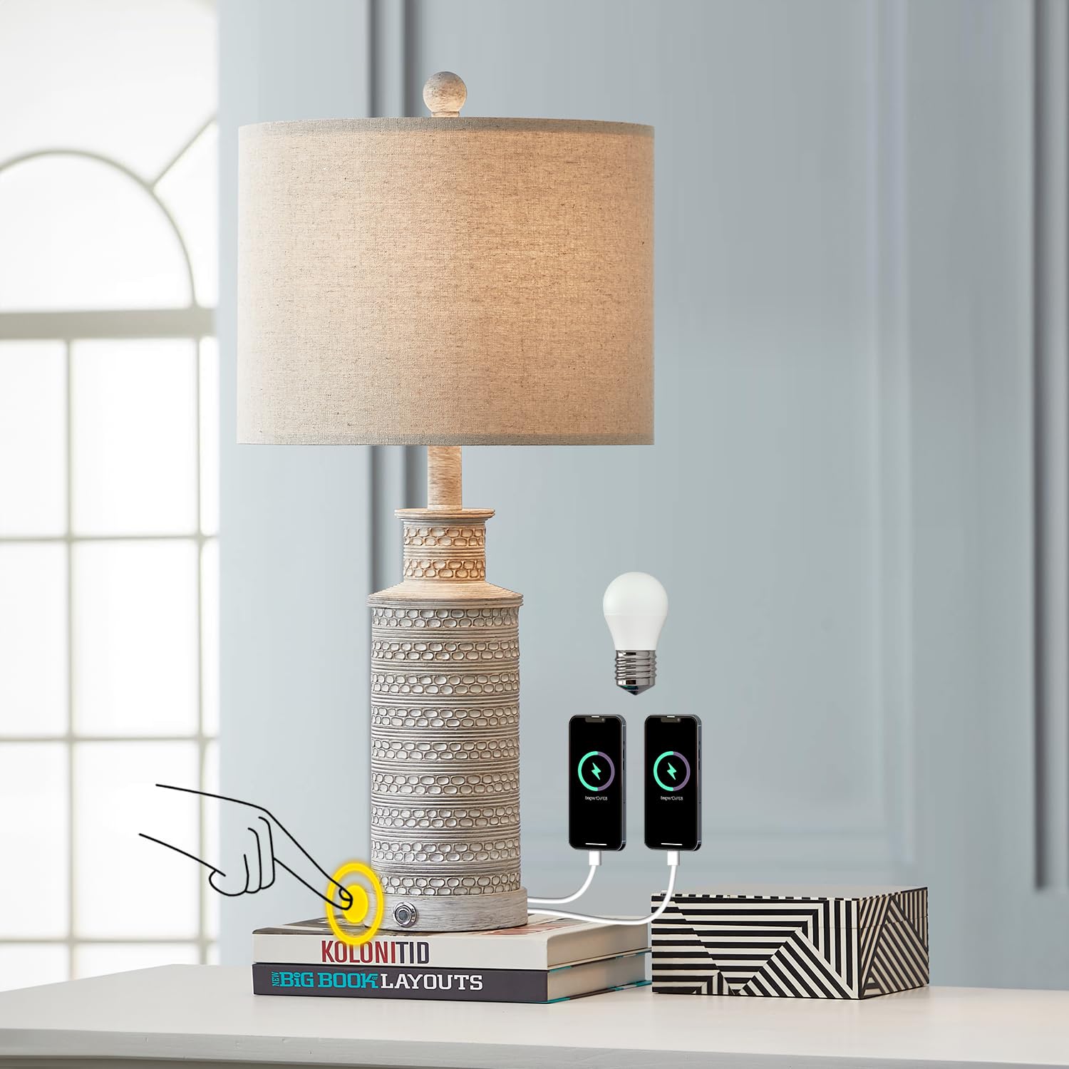 BOBOMOMO Touch Control Table Lamp - 3-Way Dimmable, Dual USB Ports, Vintage Rustic Design, Gray, Model AMZ-T1059FC-TU-1, 1