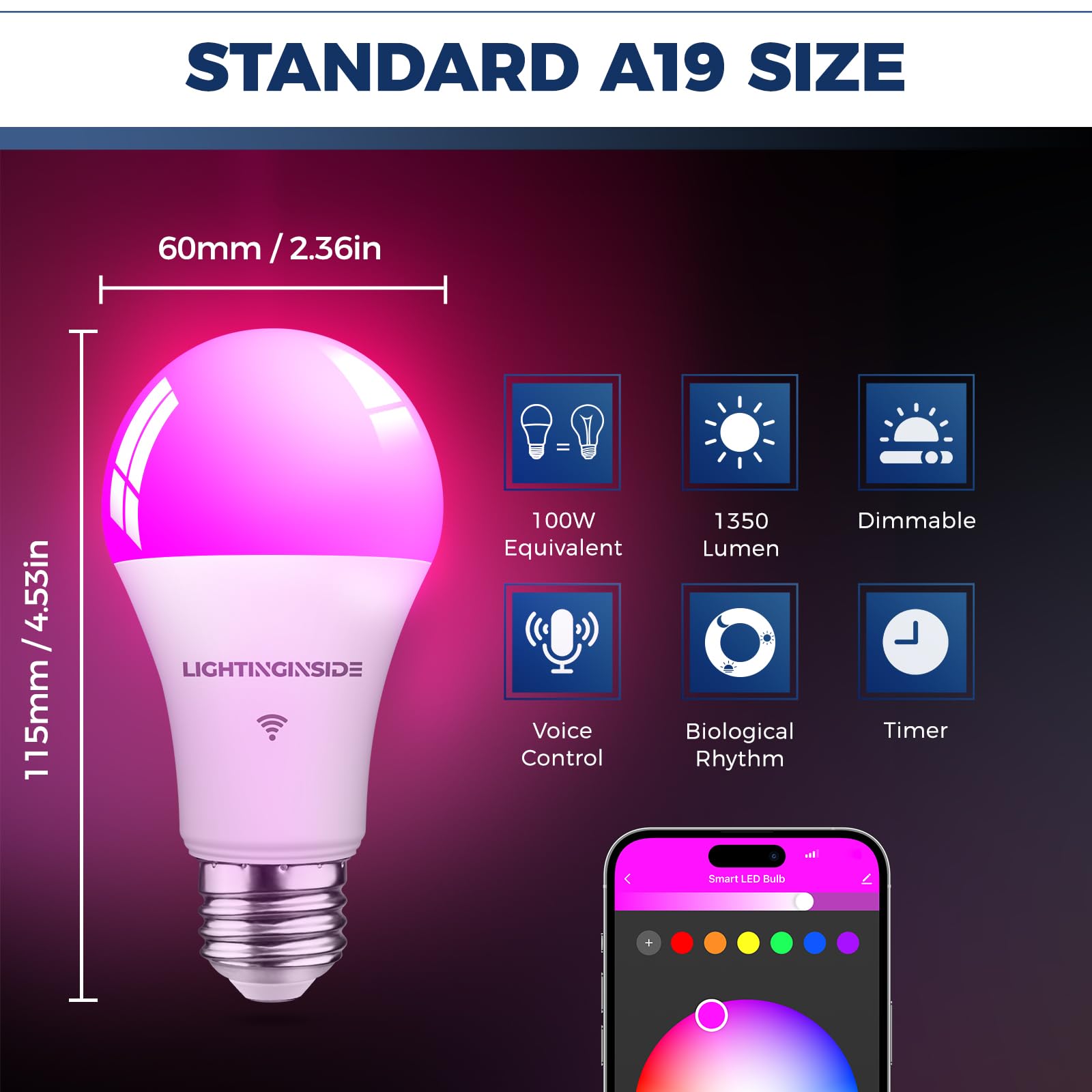 Lightinginside Smart Light Bulbs 100W Equivalent, 1350Lm 11W Wifi Smart Bulb Compatible With Alexa/Google Assistant/Smart Life, A19 E26 Rgbcw Color Changing, No Hub Required,2.4G Wifi, Etl Listed,2Pcs