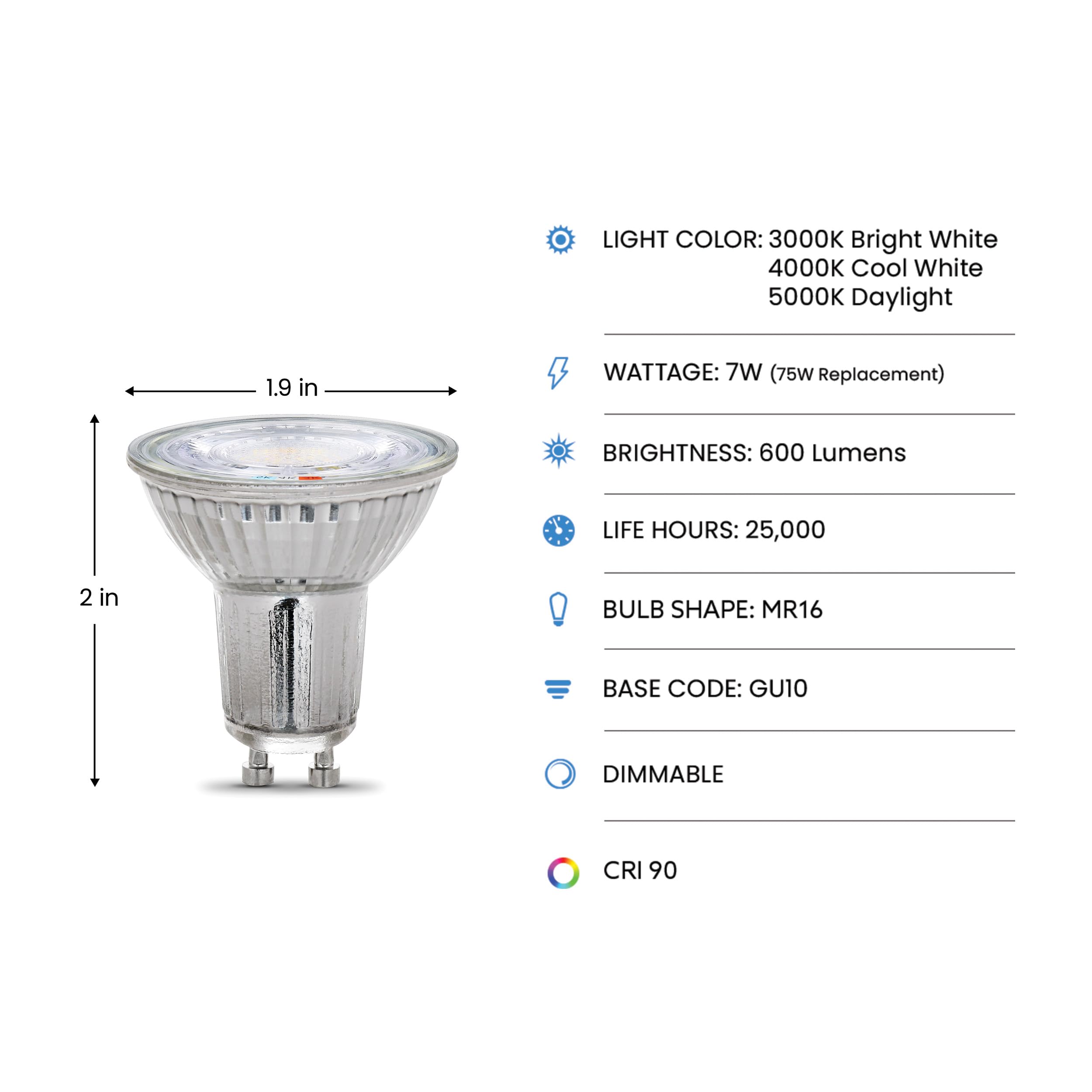 Feit Electric Mr16 Led Reflector Light Bulb, 75W Equivalent, Dimmable, Gu10 Base, 90+ Cri, 600 Lumen, Adjustable Color Temperatu