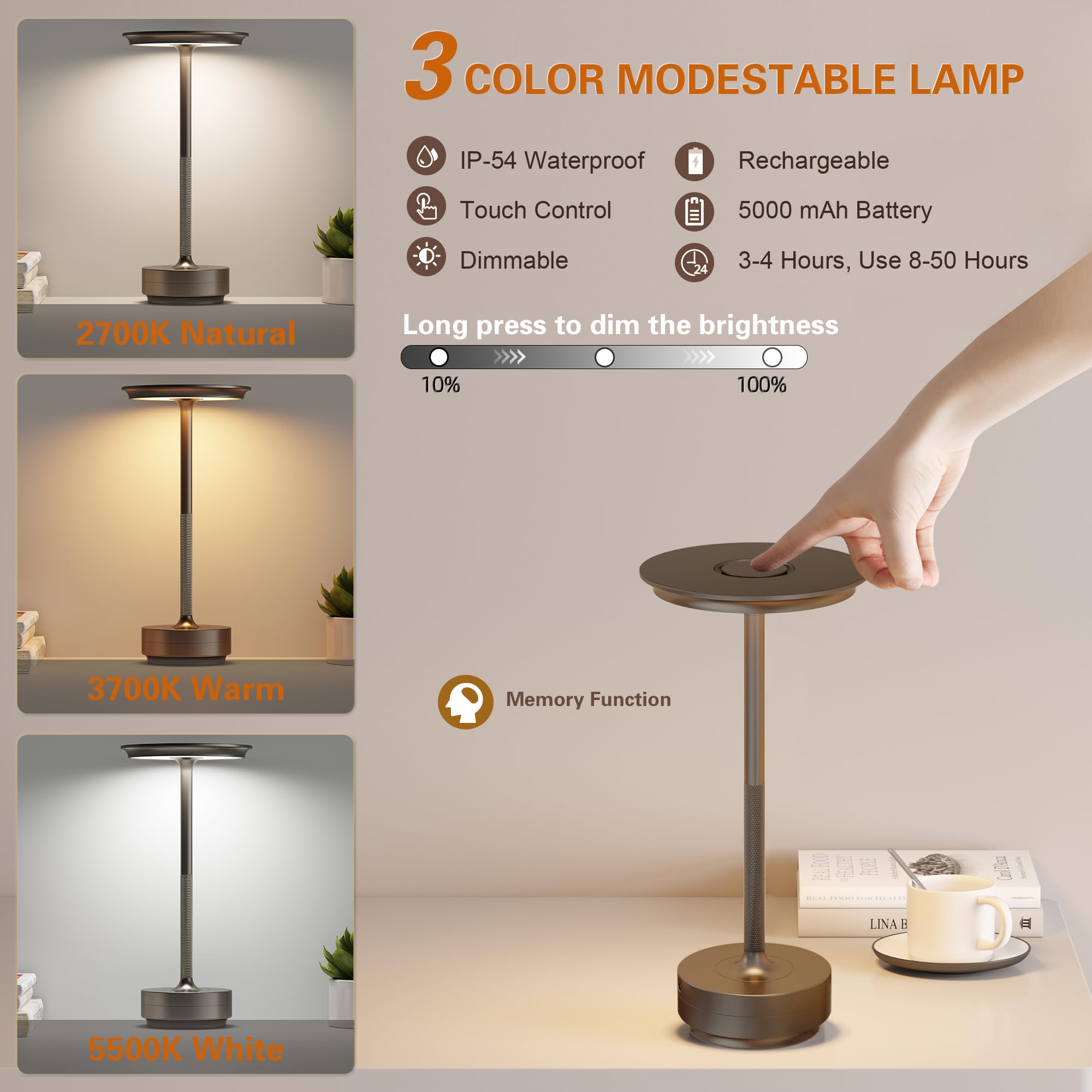 Ztflos Led Cordlesstable Lamp,Rechargeable Usb-C Battery Operated Table Lights Ip54 Waterproof 3 Levels Brightness Light With Me