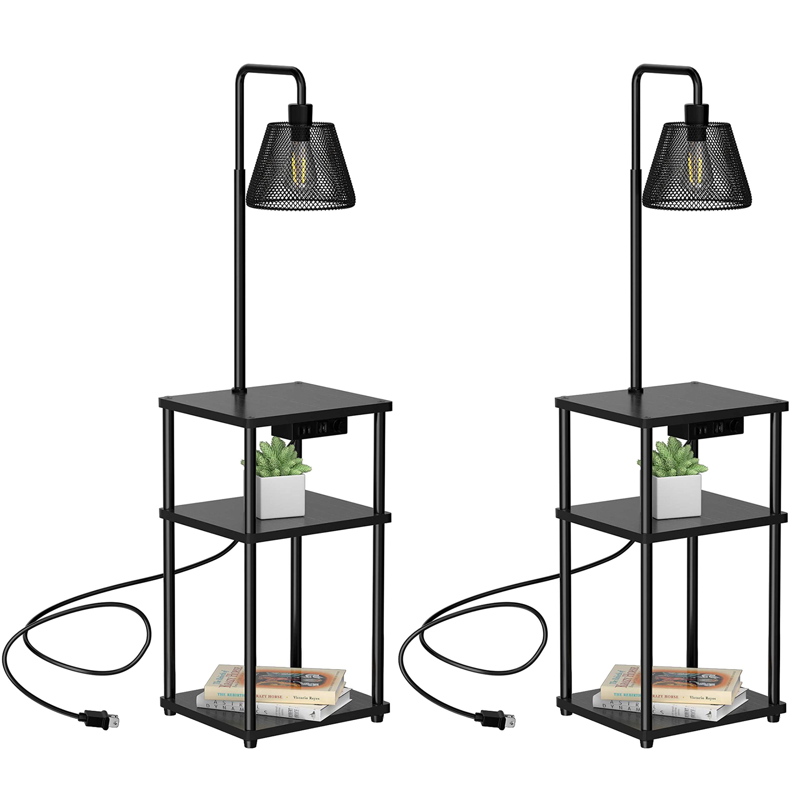 Pazarfami Floor Lamp With Table, Side Table With Usb Charging Port And Outlet, End Table With Floor Light For Living Room, Bedroom, Guest Room, Bulb Included (Black-2 Pack)
