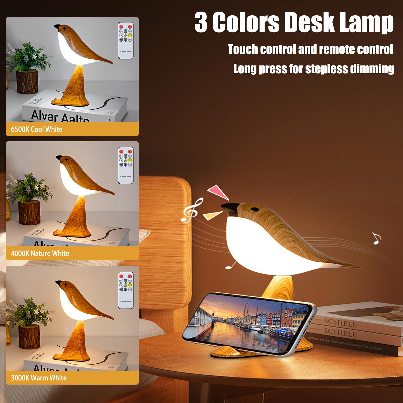 THOEWONG Small Bird Desk Lamp - Rechargeable, Touch Sensor, Remote Control, 0.1in x 0.2in x 0.2in, Wood Color, Model bird02