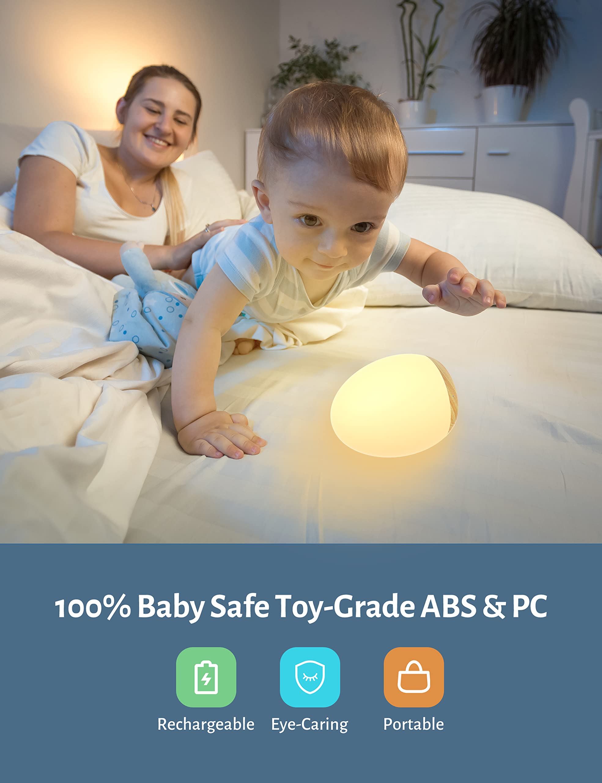 JolyWell Night Light for Kids with Color Changing Mode & Dimming Function, Rechargeable Baby Egg Night Light with 1 Hour Timer&T