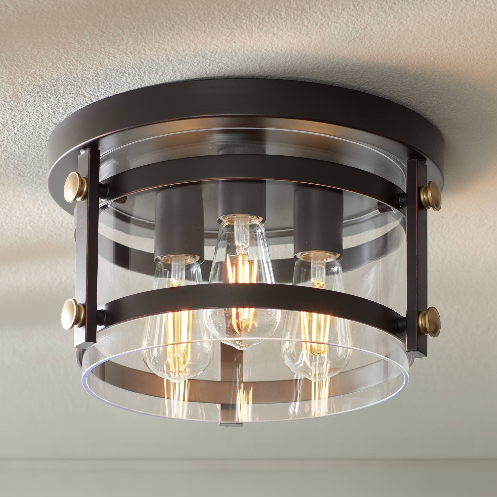 Franklin Iron Works Ceiling Light 3-Light Flush-Mount Fixture 13.5in Oil-Rubbed Bronze Gold Clear Glass Shade Model 35F49