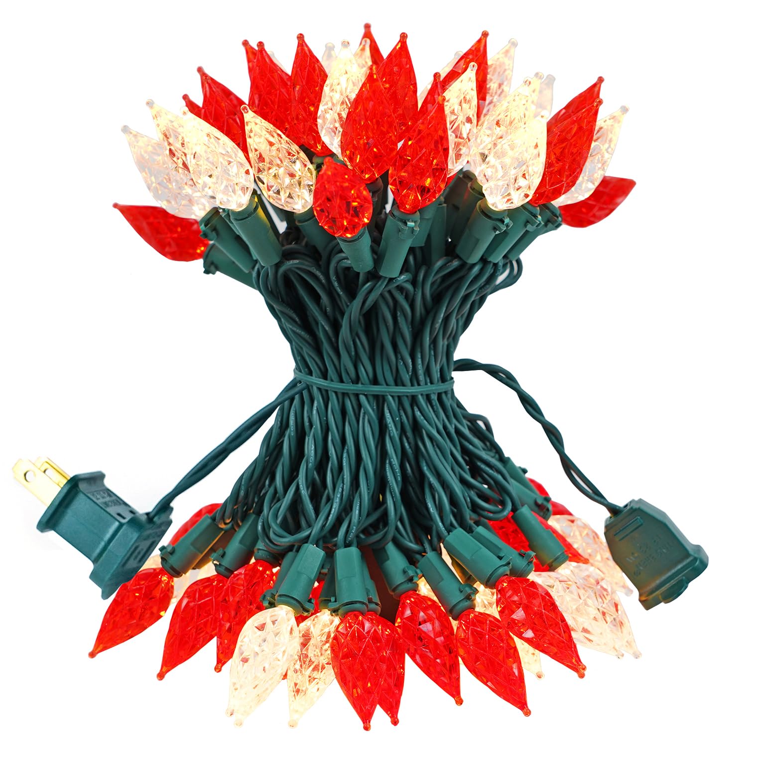 BOHON LED Christmas Lights Outdoor, 50 Faceted C6 Bulbs, 25ft, Waterproof, Green Wire, Red and Warm White, Model BH-KLC6D50L