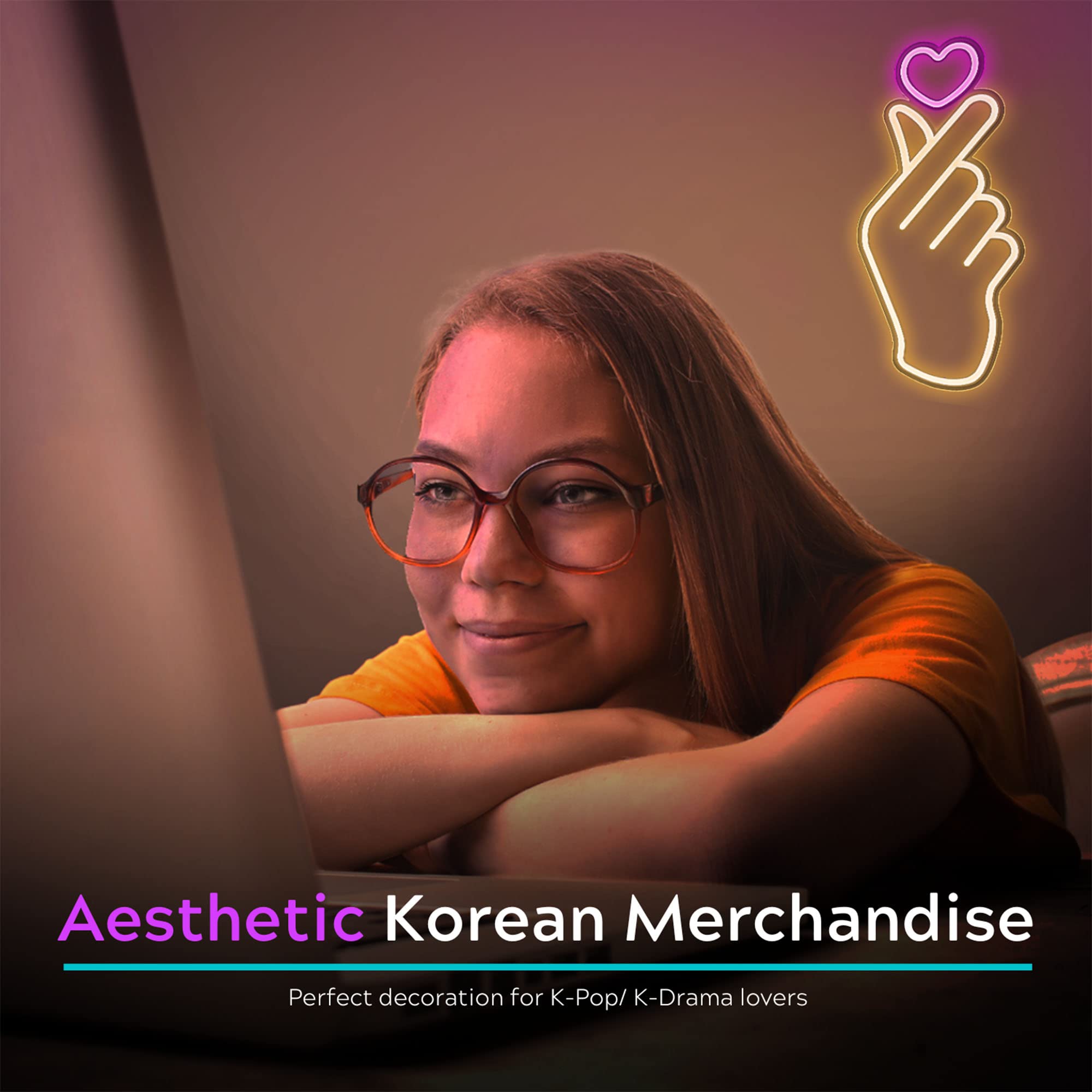 LEBURRY Finger Heart Neon Sign - LED Light for K-pop Fans, 16.3x7.5 inches, South Korean Novelty Decor