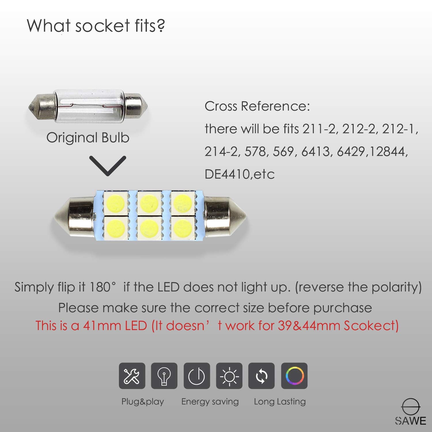 SAWE Festoon LED Bulbs, 6-SMD 5050, 42mm, 41mm, Pack of 8, White