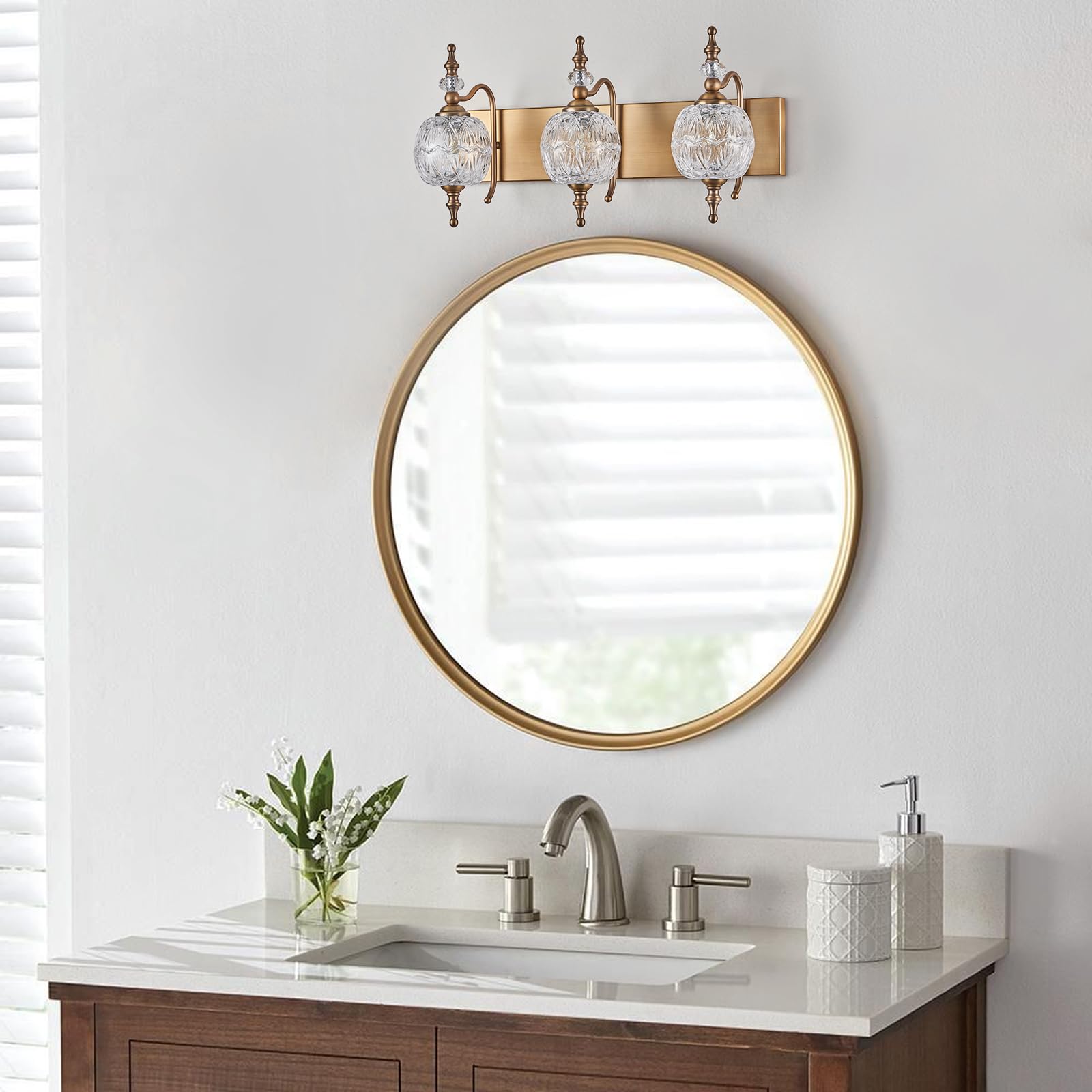 TLOLGT Vintage Bathroom Vanity Light, 3-Light Sconce, Matte Brushed Antique Brass, Crystal Glass Shade, Model W233-3