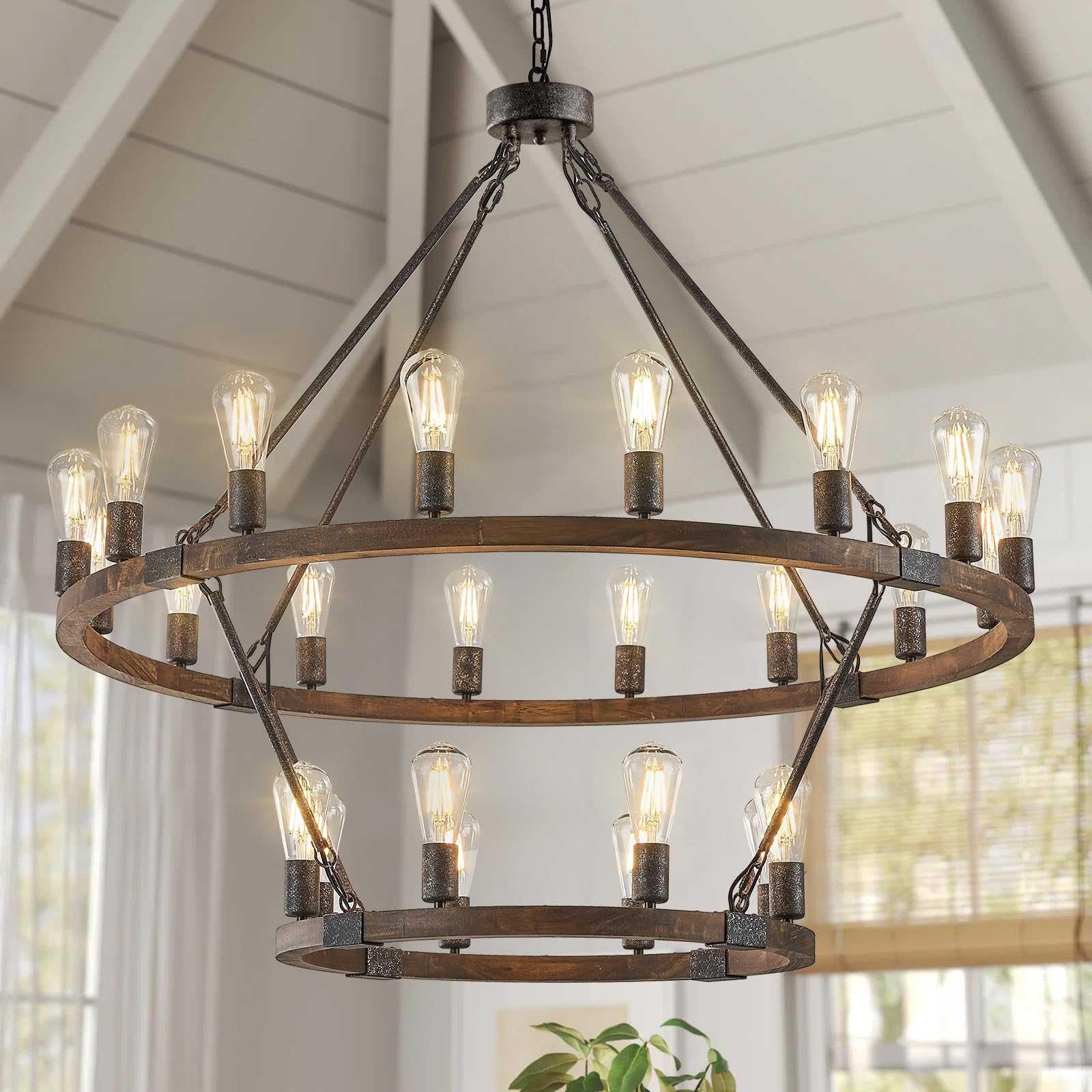Benkut Farmhouse Wagon Wheel Chandelier 2 Tier 24-Light 43'' Black Rustic Light Fixtures Wood Round Chandelier For Foyer Living