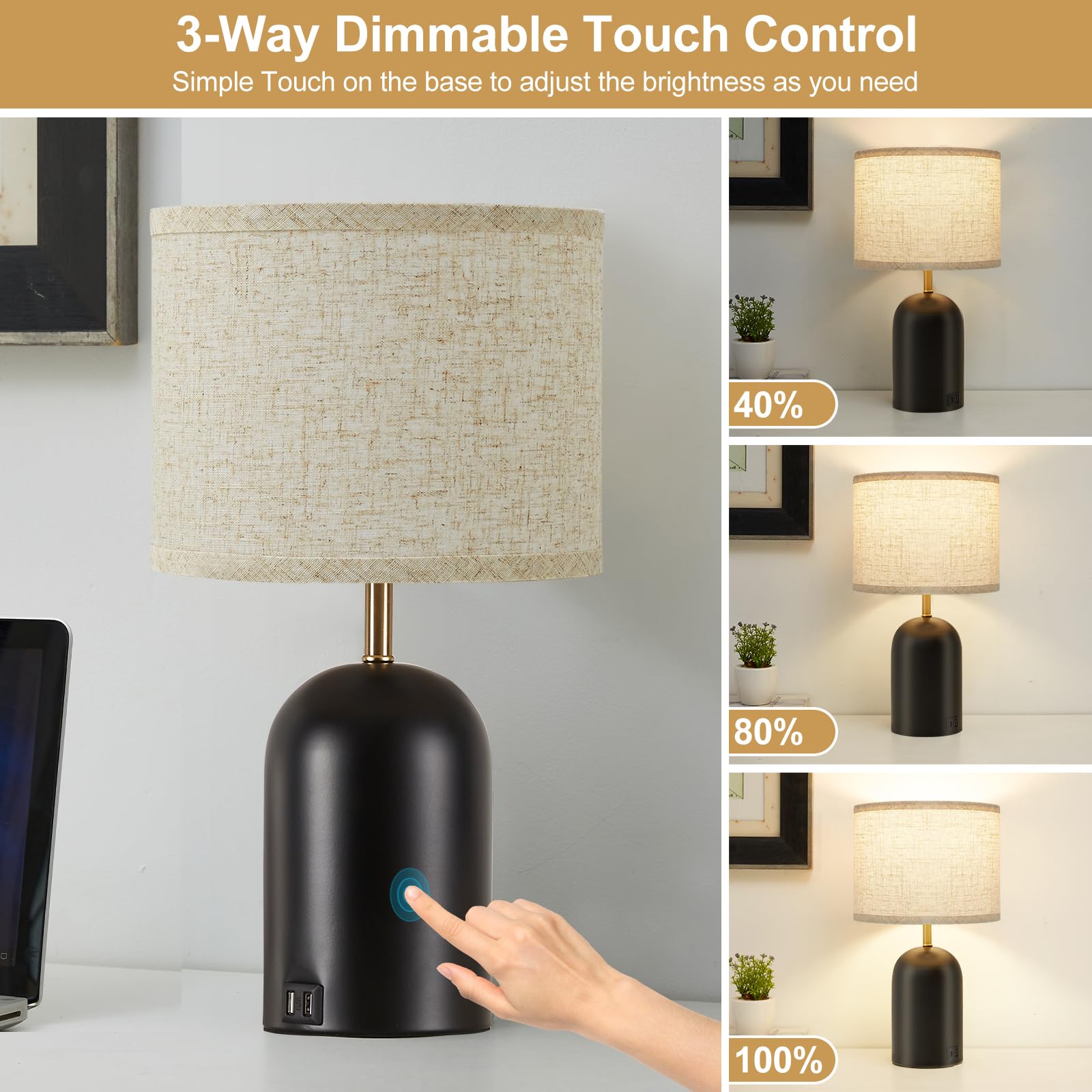 Bedside Lamps With Usb C+A Charging Ports, Table Lamp Touch Control 3-Way Dimmable Modern Lamp For Bedroom Lamps For Night Stand