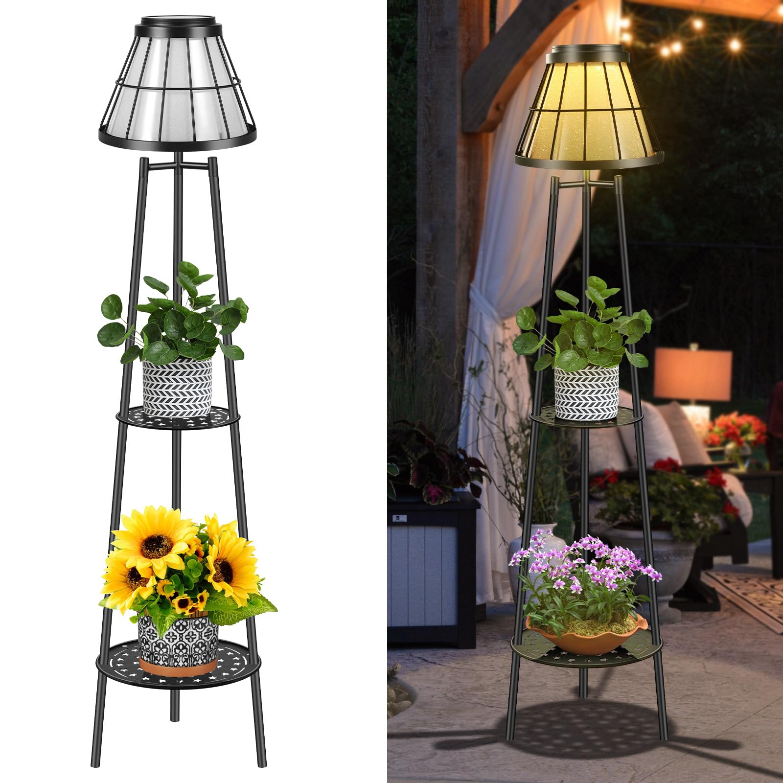 2 Pack Solar Lights Outdoor with Plant Stands, Solar Floor Lamp Metal Tripod Patio Lights for Garden Yard Pathway Driveway Front