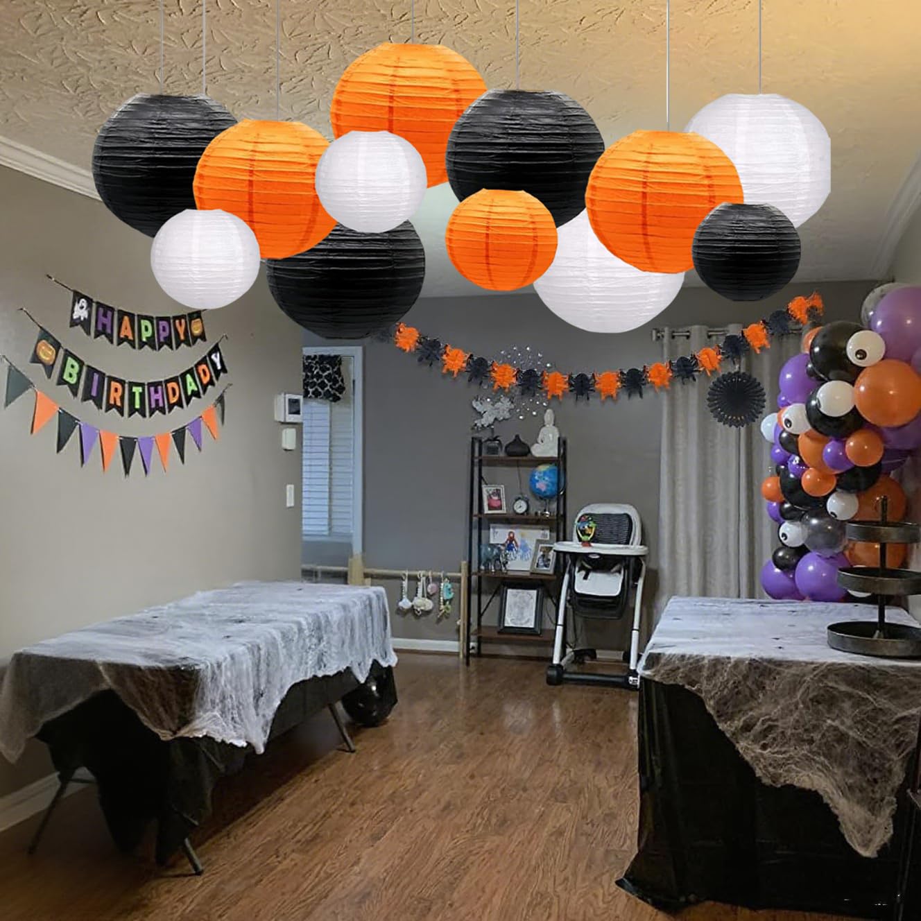 Capesaro Orange Black White Paper Lanterns Decorative 12Pcs Halloween Hanging Decorations For Graduation Thanksgiving Birthday Party Decorations
