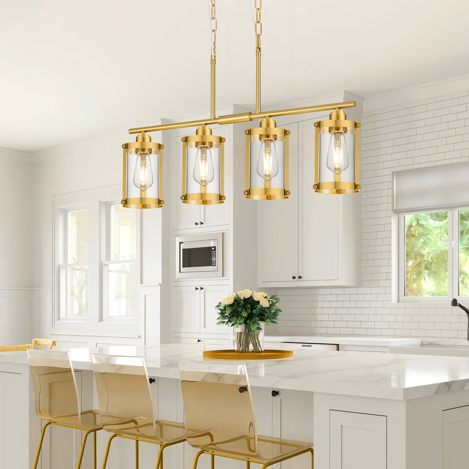 Osimir 4-Light Kitchen Island Lighting  Brushed Gold Linear Dining Room Light Fixtures With Clear Glass  Modern Mid Century Chandelier Pendant Light For Kitchen Island Dining Room  Os-3014-4Isbg