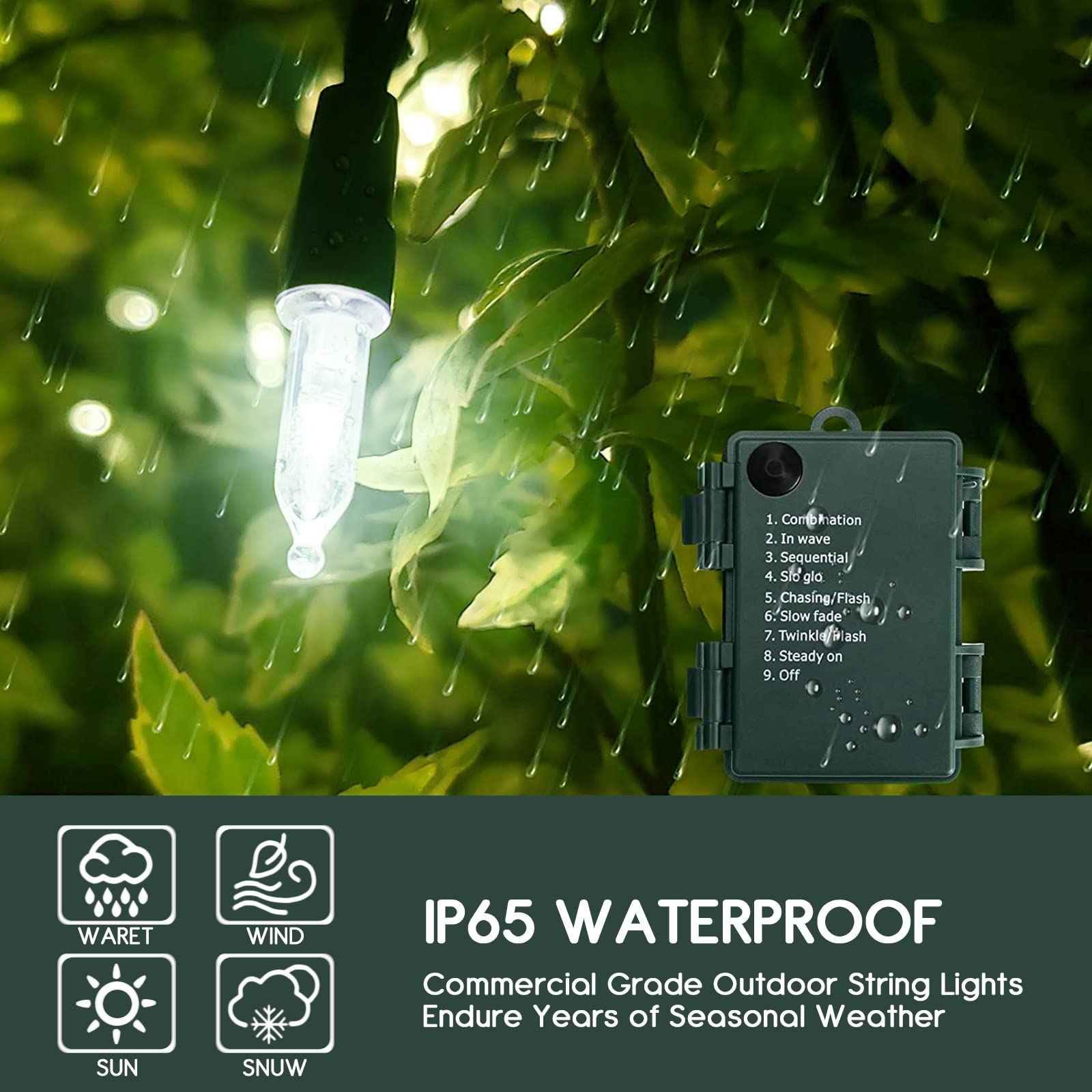 KOUQIYA Battery Operated String Lights, 100 LED, 33ft, Cool White, Waterproof, 8 Modes, Auto-Timer, Model LLP100CWUS