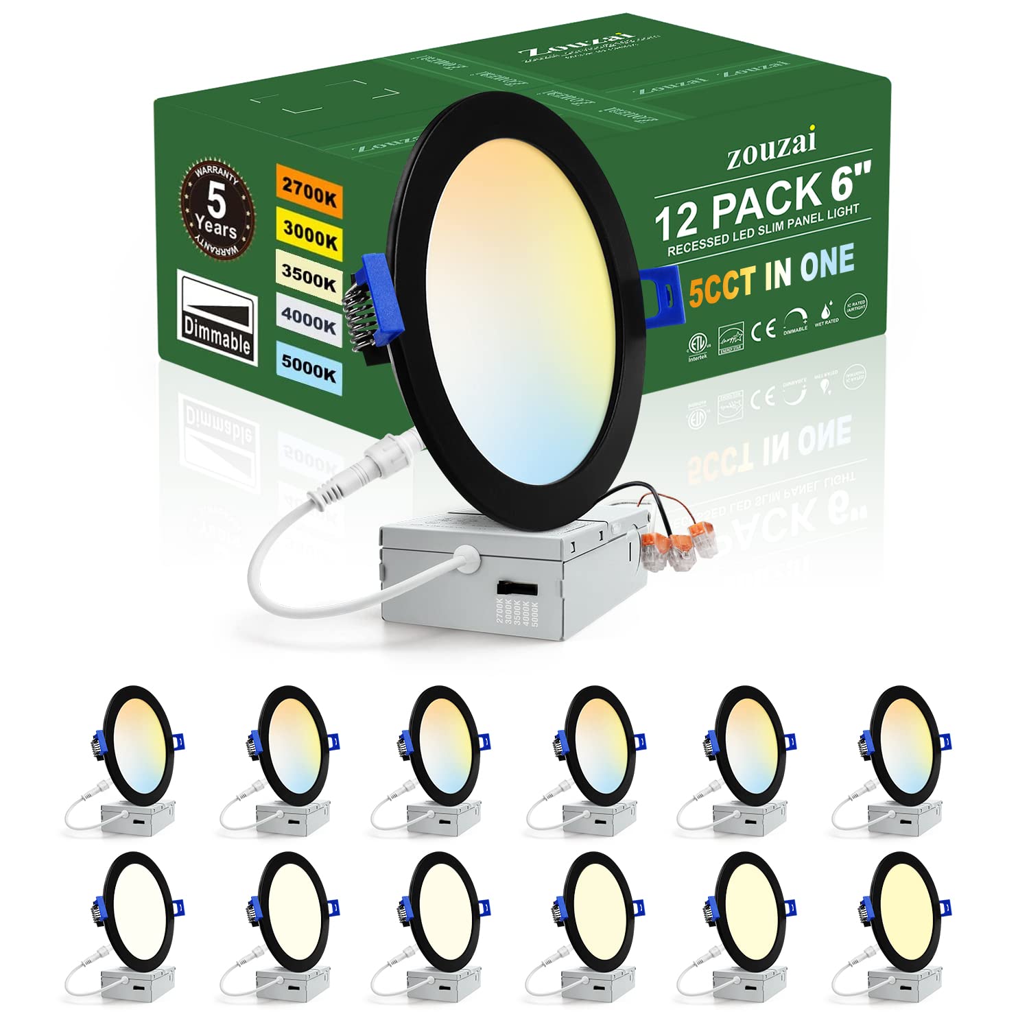 zouzai 12 Pack 6 Inch Black 5CCT Reset LED Recessed Ceiling Light with Junction Box, 2700K/3000K/3500K/4000K/5000K Selectable, 1